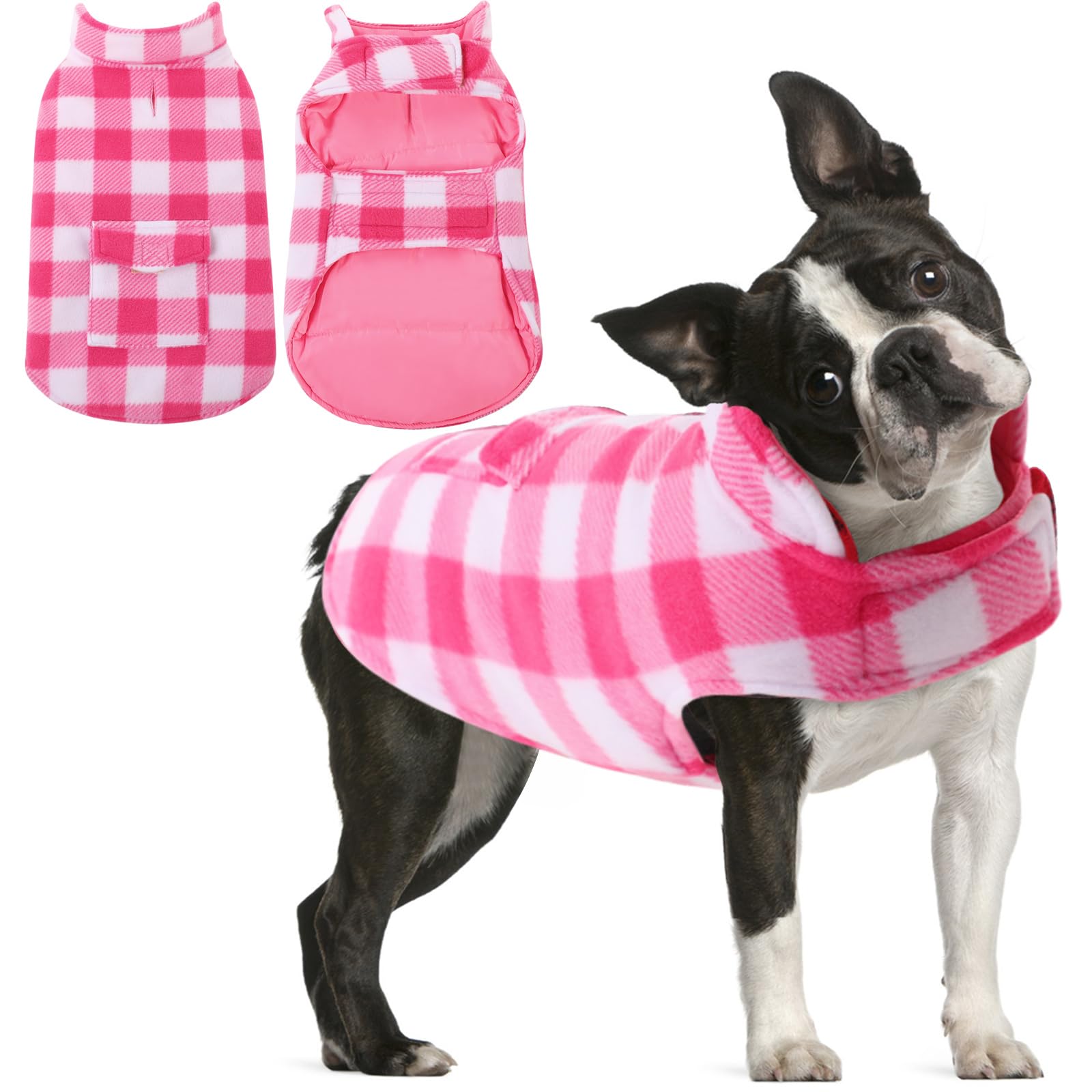 Abrigo AOFITEE para perro en cuadros rosa, frente, protege contra lluvia ligera