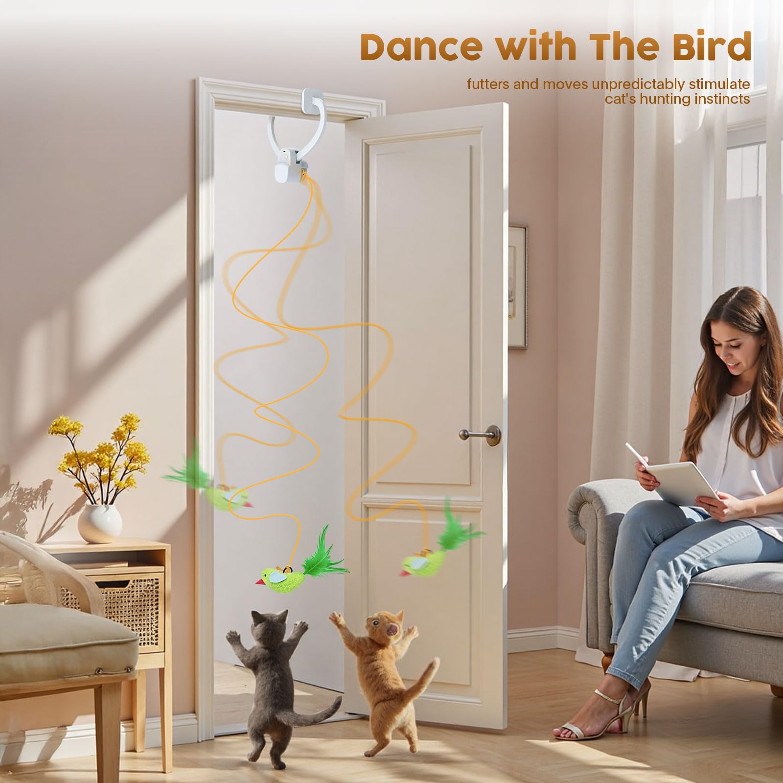 Aoioploa Juguete gato Cuerda retráctil guía movimientos verticales para juego activo.