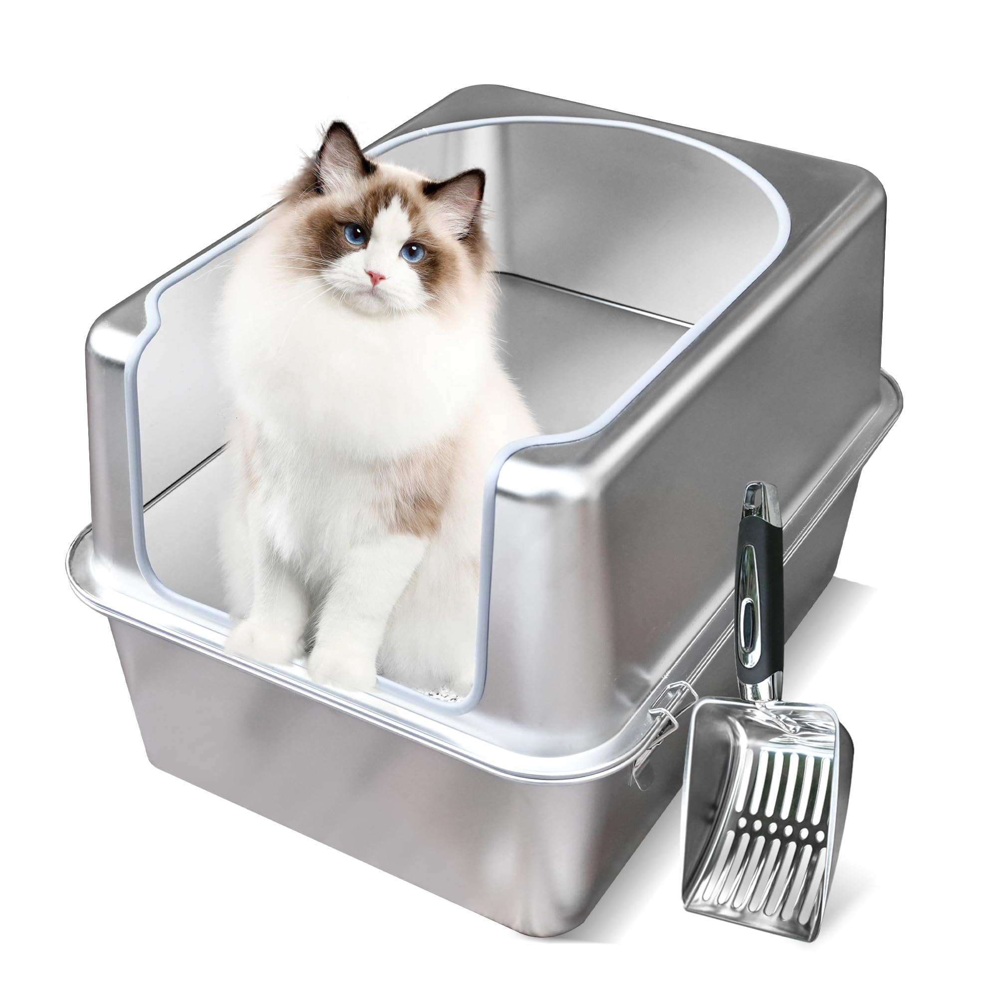 Caja Aothey de acero inox con tapa de metal, ideal para gatos grandes.