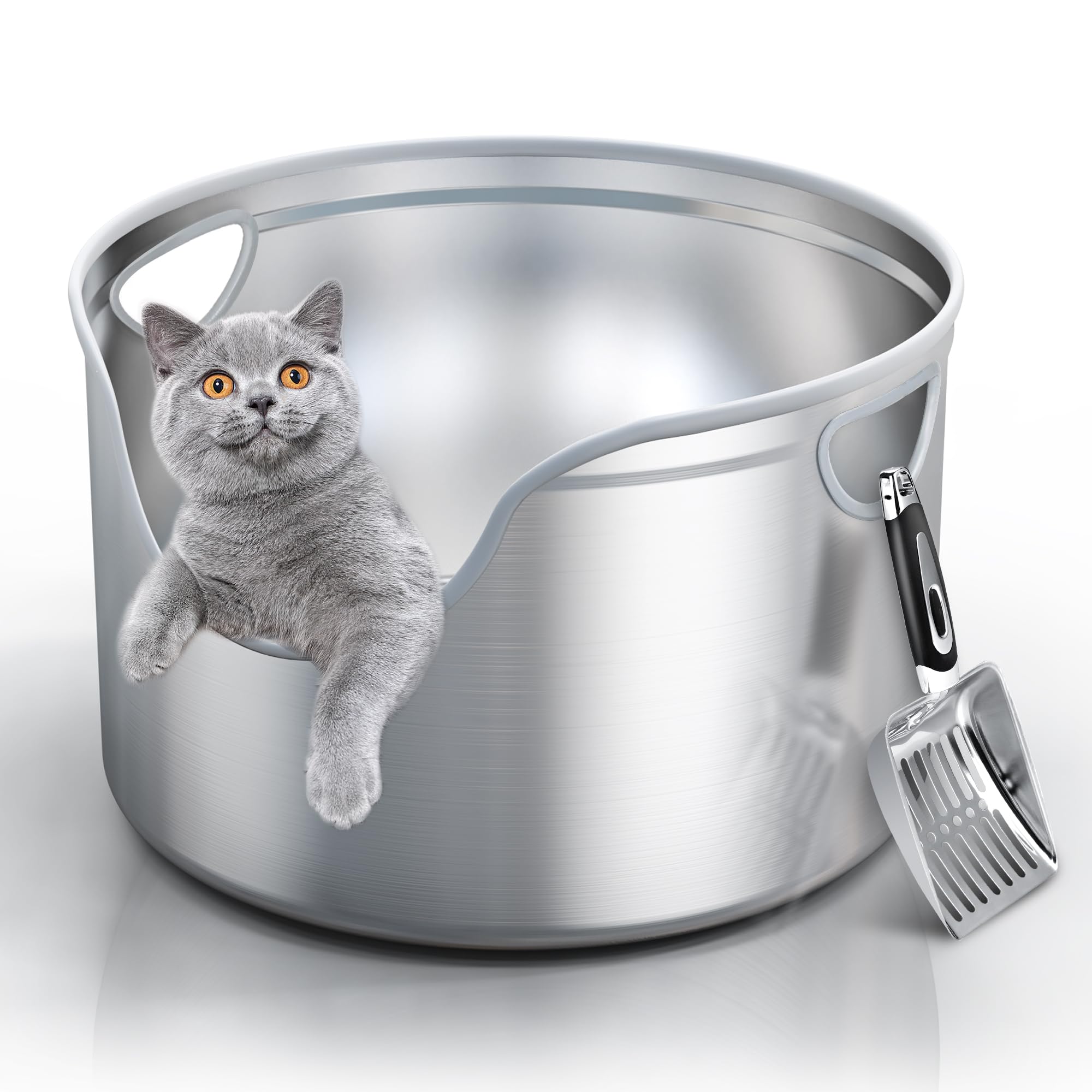 Caja de arena Aothey de acero inoxidable, diseño redondo y amplio espacio para varios gatos.