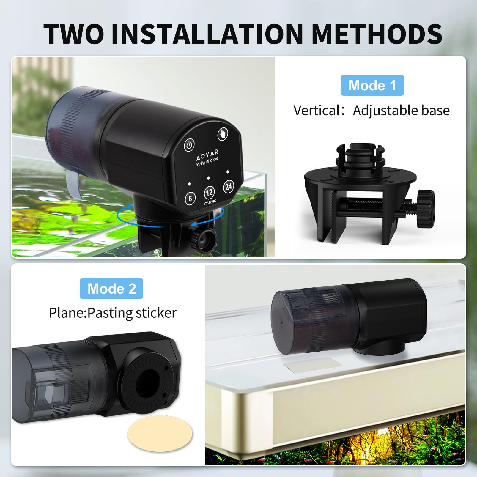 Aoyar alimentador automático ofrece dos métodos de fijación para cualquier acuario.