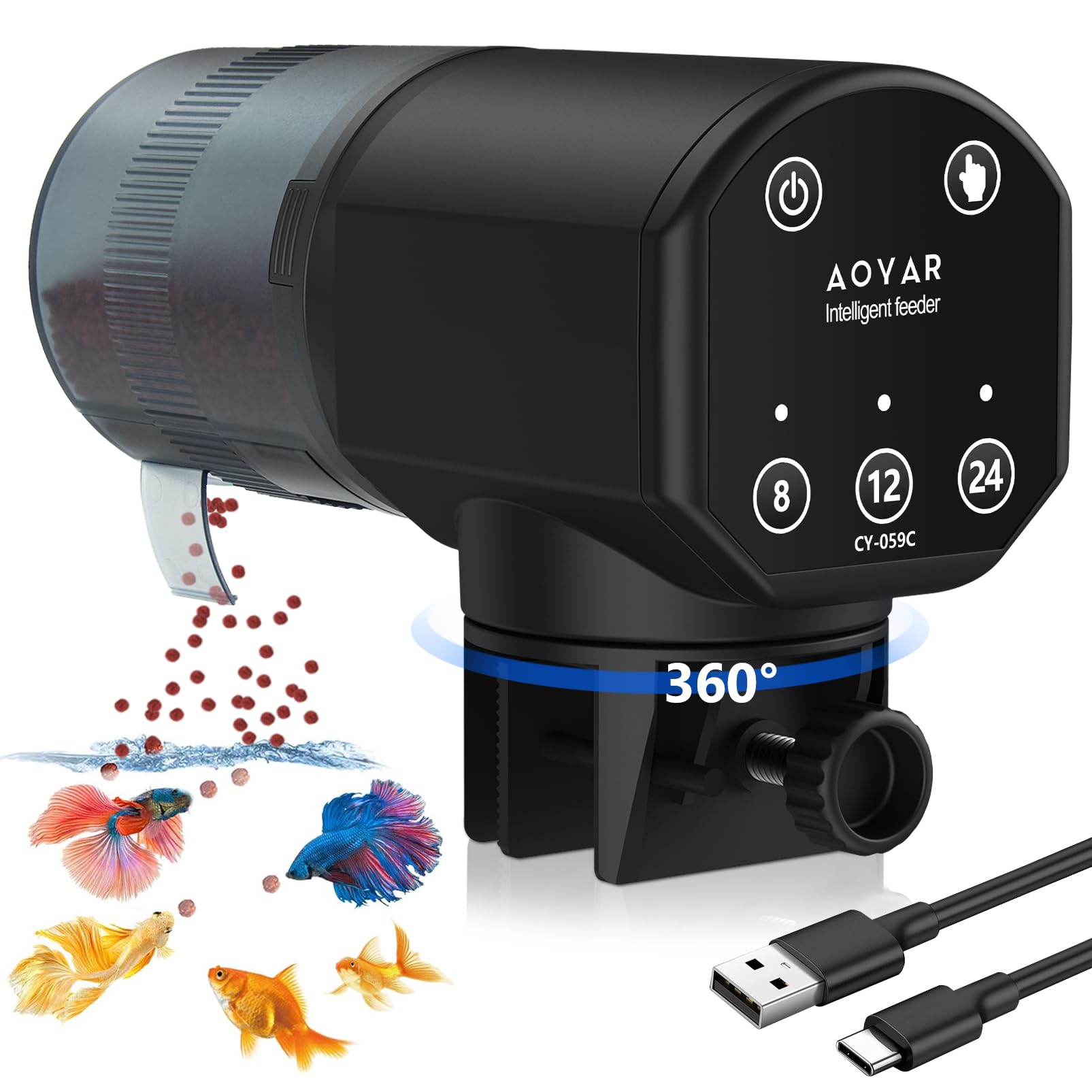 Alimentador automático Aoyar para acuario con pez visible, alimentación sin supervisión.