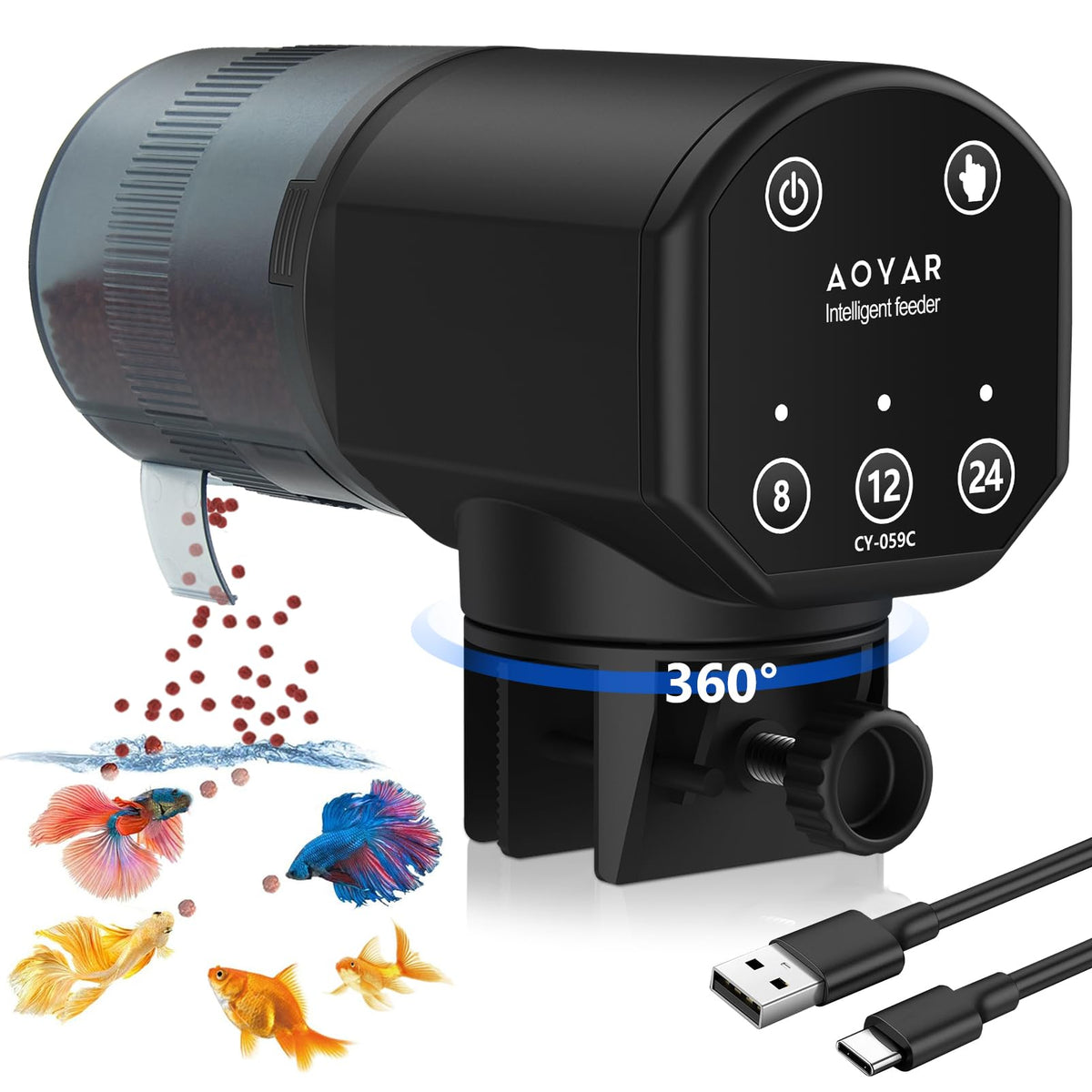 Alimentador automático Aoyar para acuario con pez visible, alimentación sin supervisión.