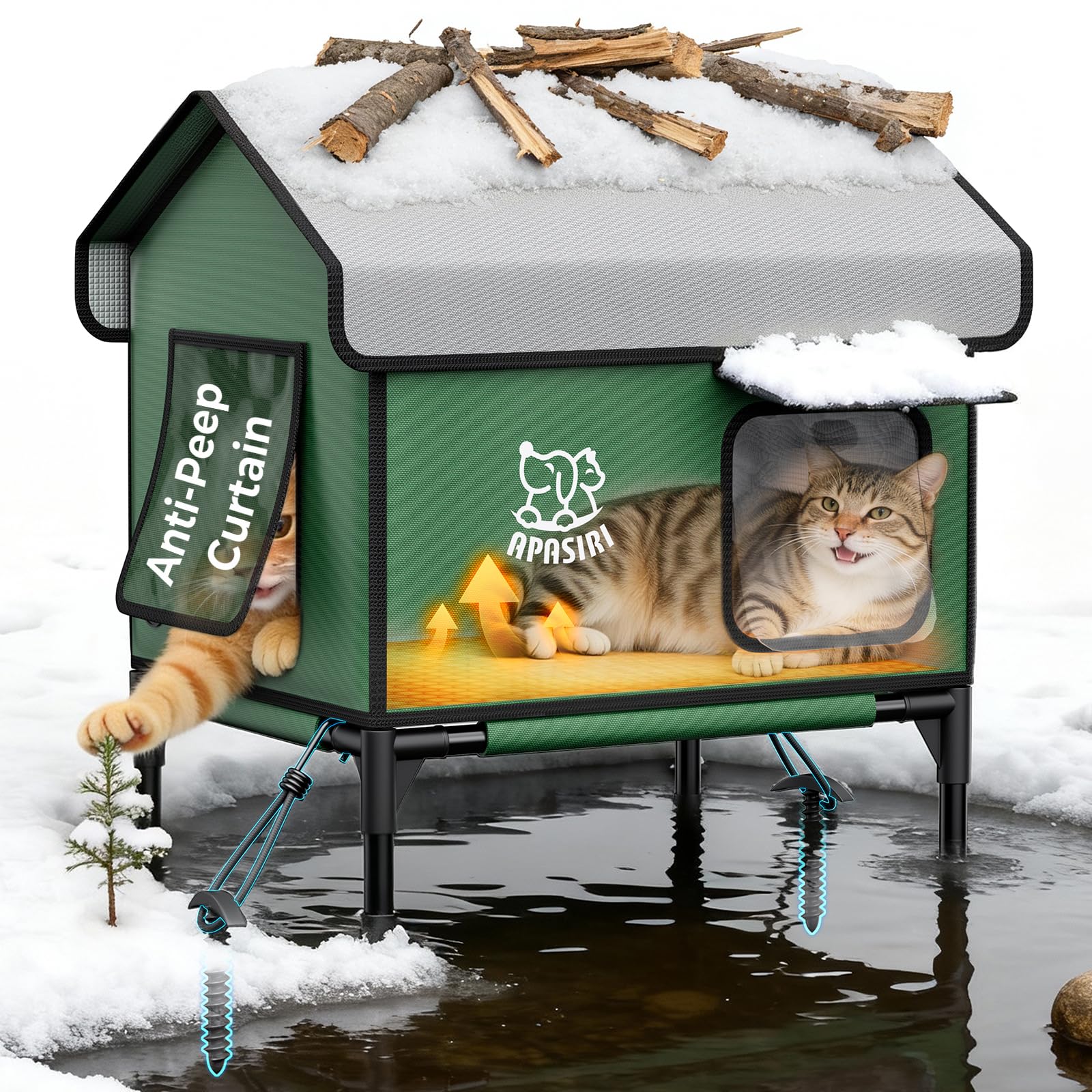 Refugio cálido para gatos al exterior de Apasiri, ideal para inviernos fríos.