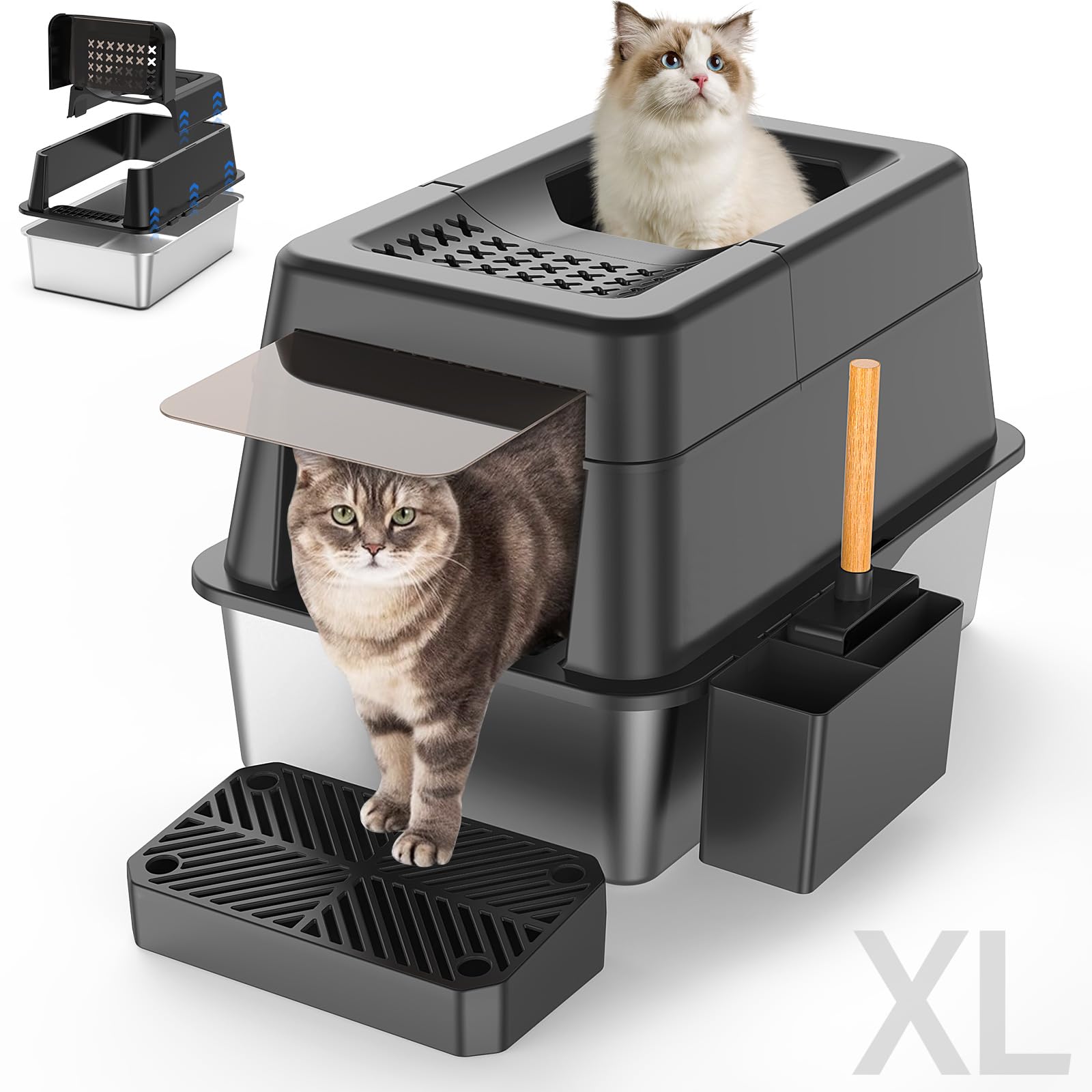 Aphyxen caja de arena para gatos en acero inoxidable con tapa, duradera y fácil de limpiar.