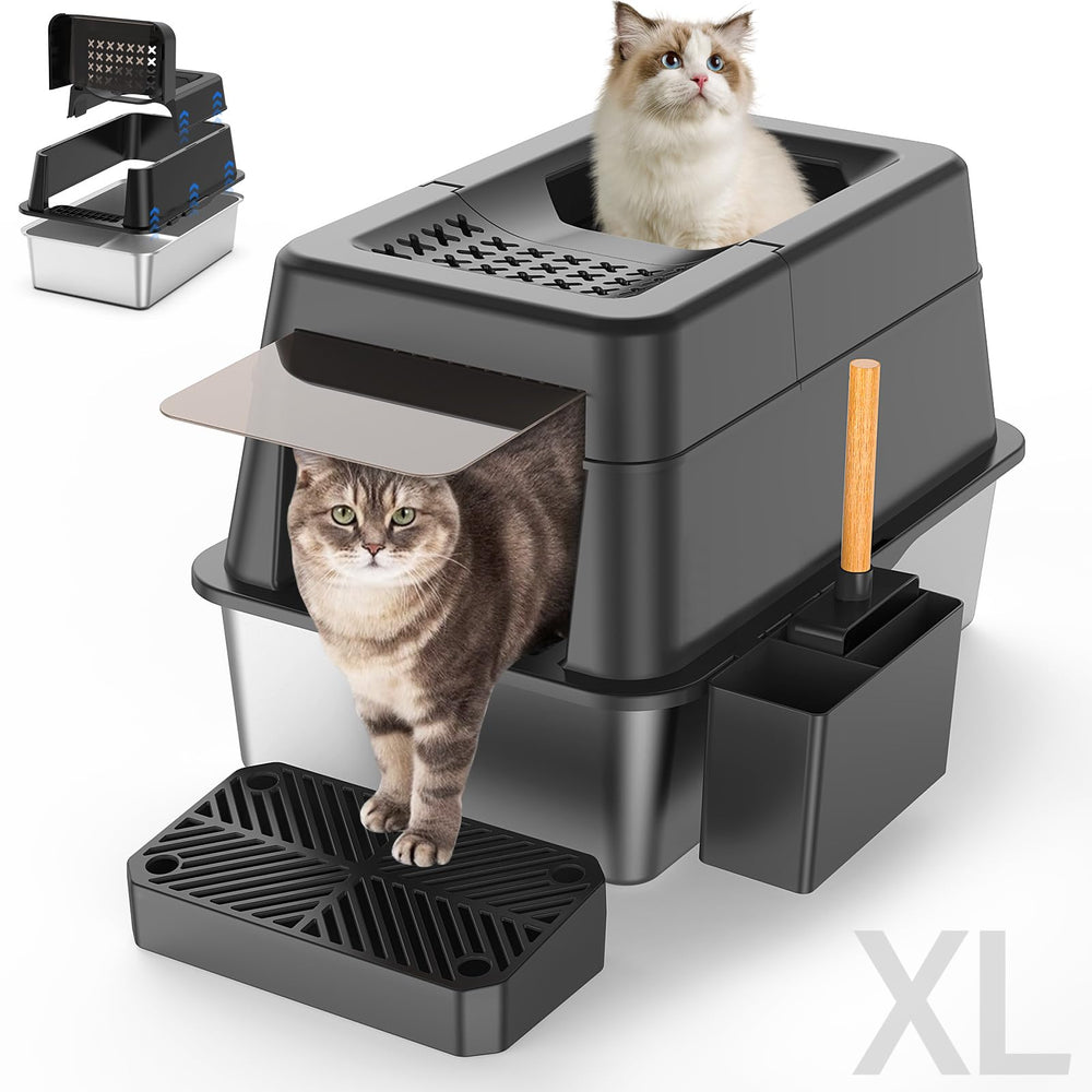 Aphyxen caja de arena para gatos en acero inoxidable con tapa, duradera y fácil de limpiar.