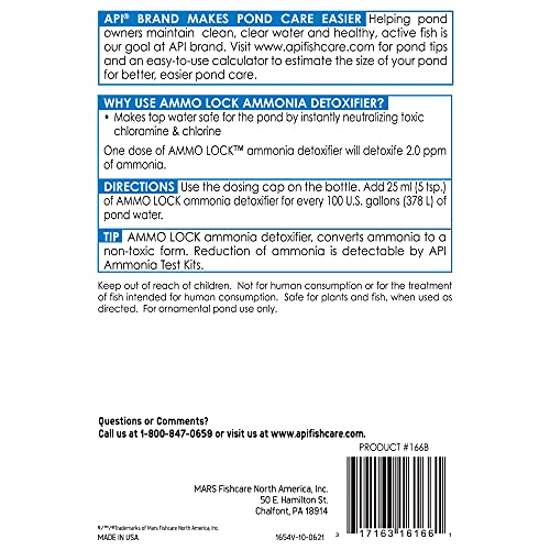 API Pond Ammo-Lock botella 16oz etiqueta: ingredientes naturales para detoxificar amoníaco