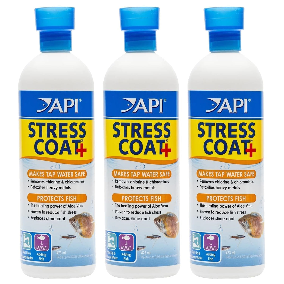 API Stress Coat – botella de 16 onzas lista para acondicionar el agua y proteger a los peces.