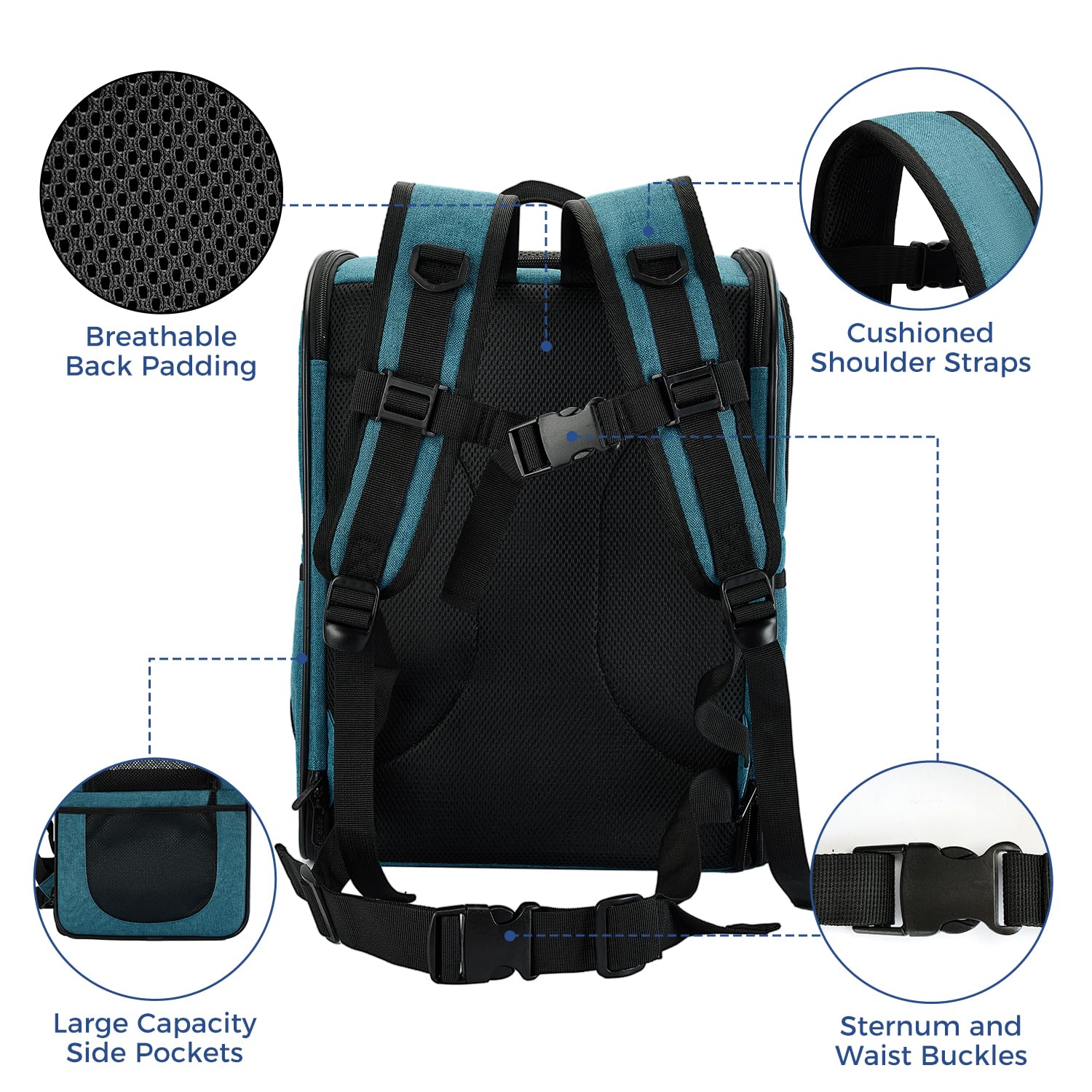 Apollo Walker Mochila Portapet Teal, paneles de malla en cuatro caras para flujo de aire.