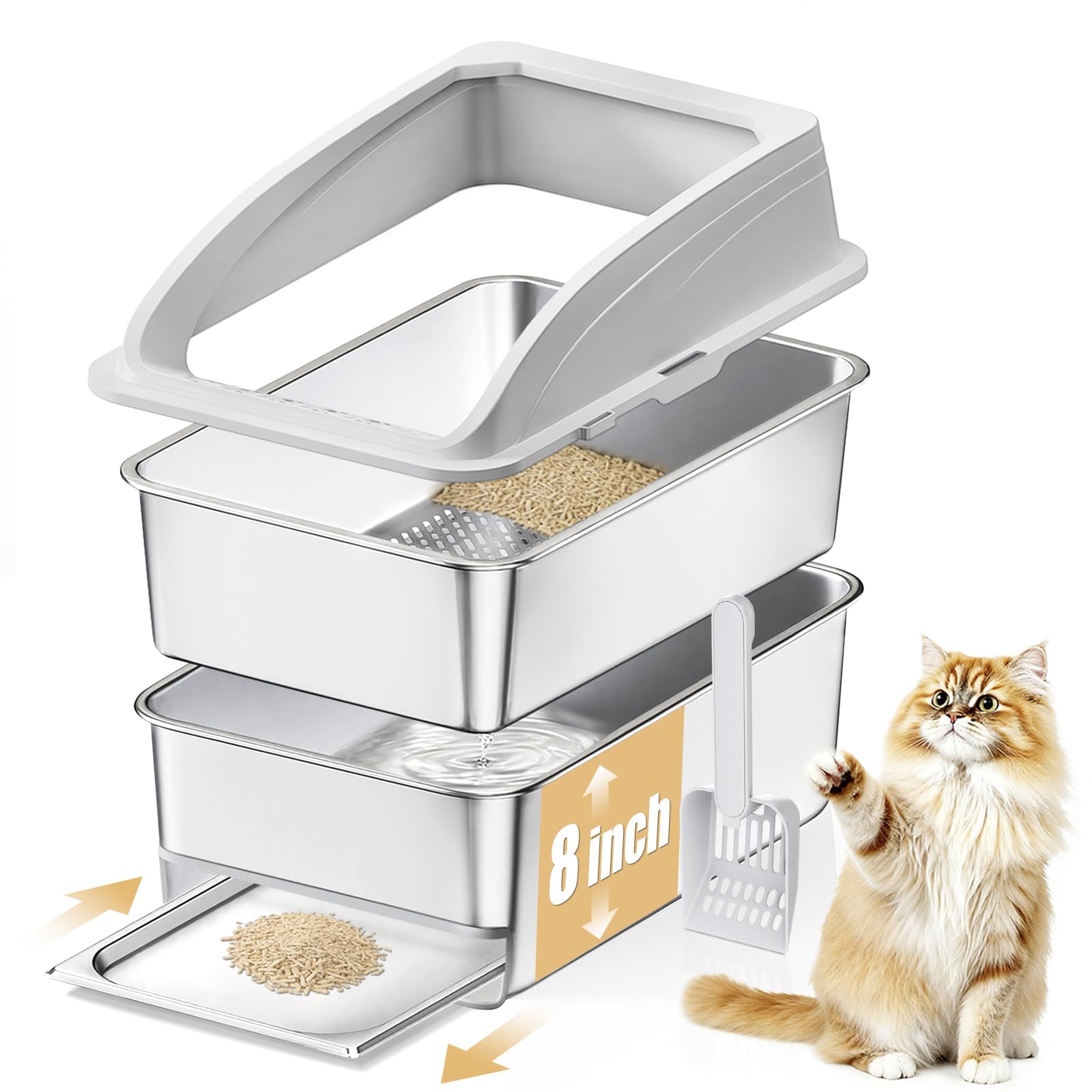 APPKER caja de arena para gatos de acero inoxidable con cajón extraible facilita la limpieza.