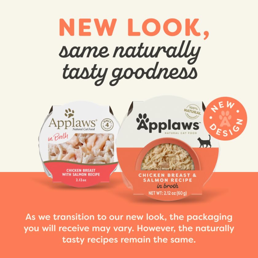 Applaws pollo y salmón en caldo, proteína alta para gatos activos.