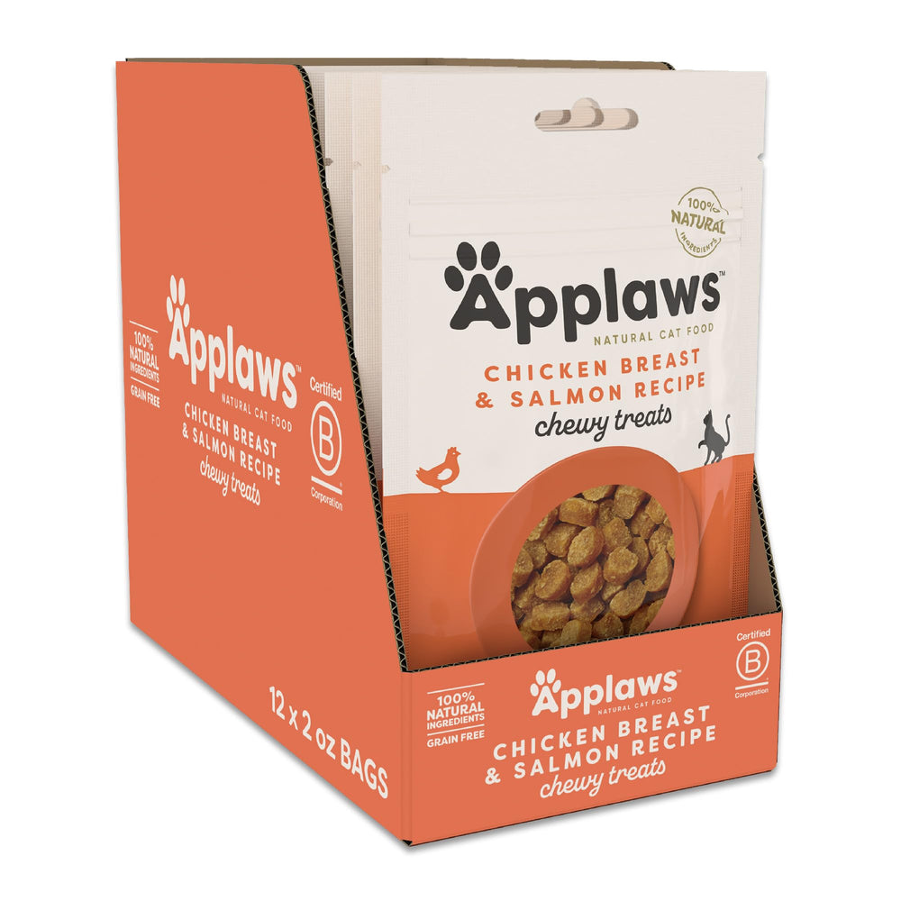 Applaws recompensas masticables naturales con pollo y salmón, snack saludable para gatos.