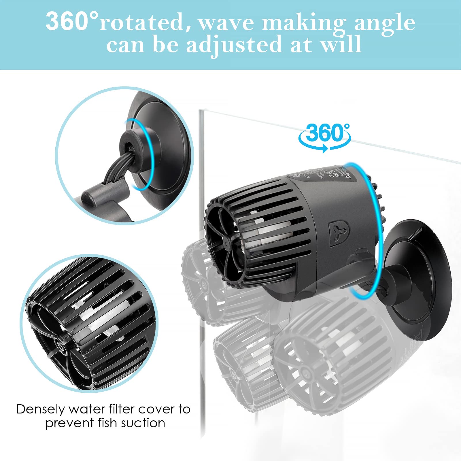 AQQA Wave Maker sumergible en el acuario para circulación constante.