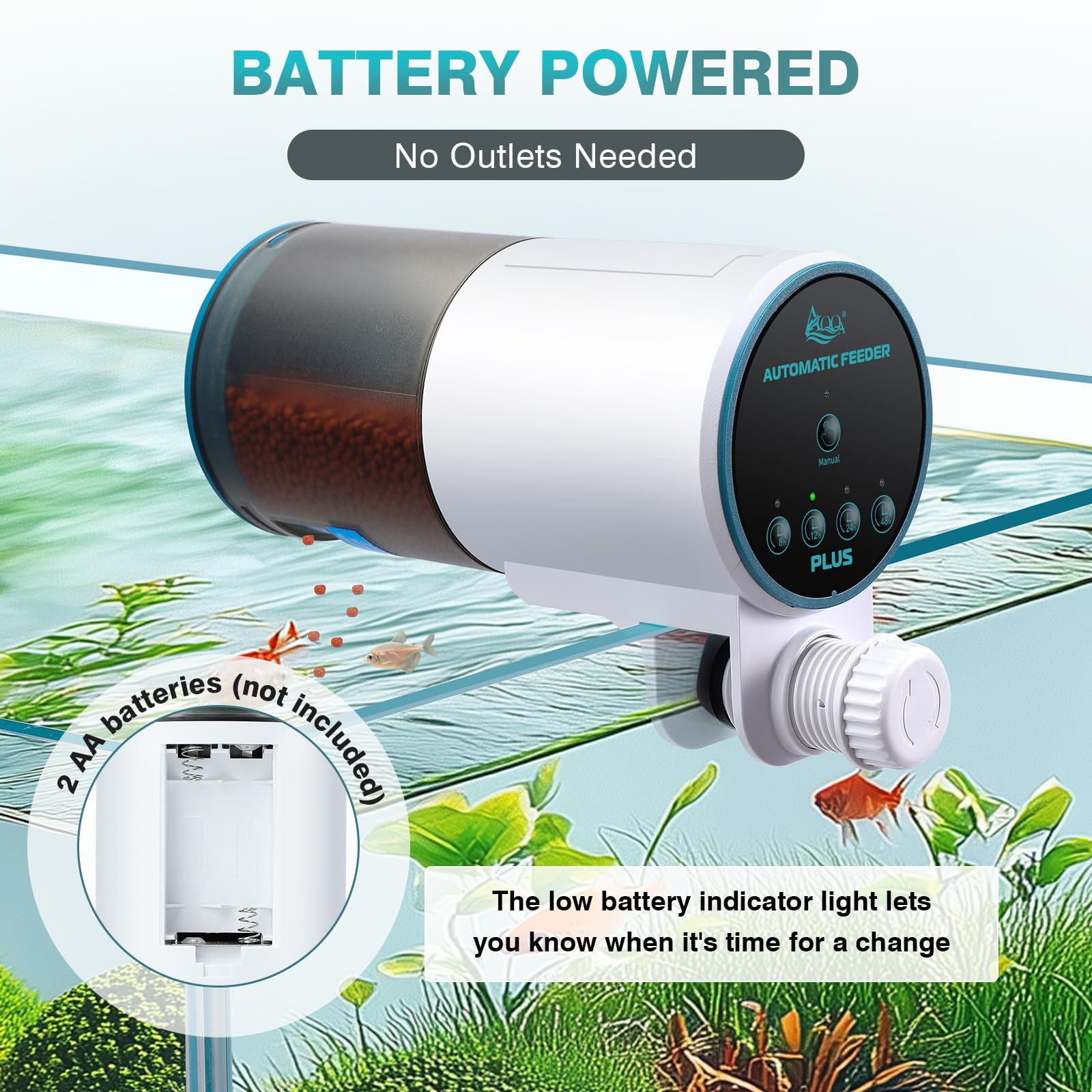 AQQA alimentador funciona con baterías, ideal durante ausencias o cortes de energía.