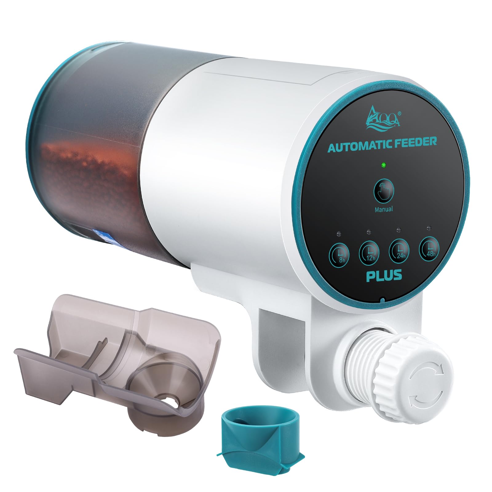 AQQA alimentador automático para acuario, vista de rotación de comida para horarios precisos.