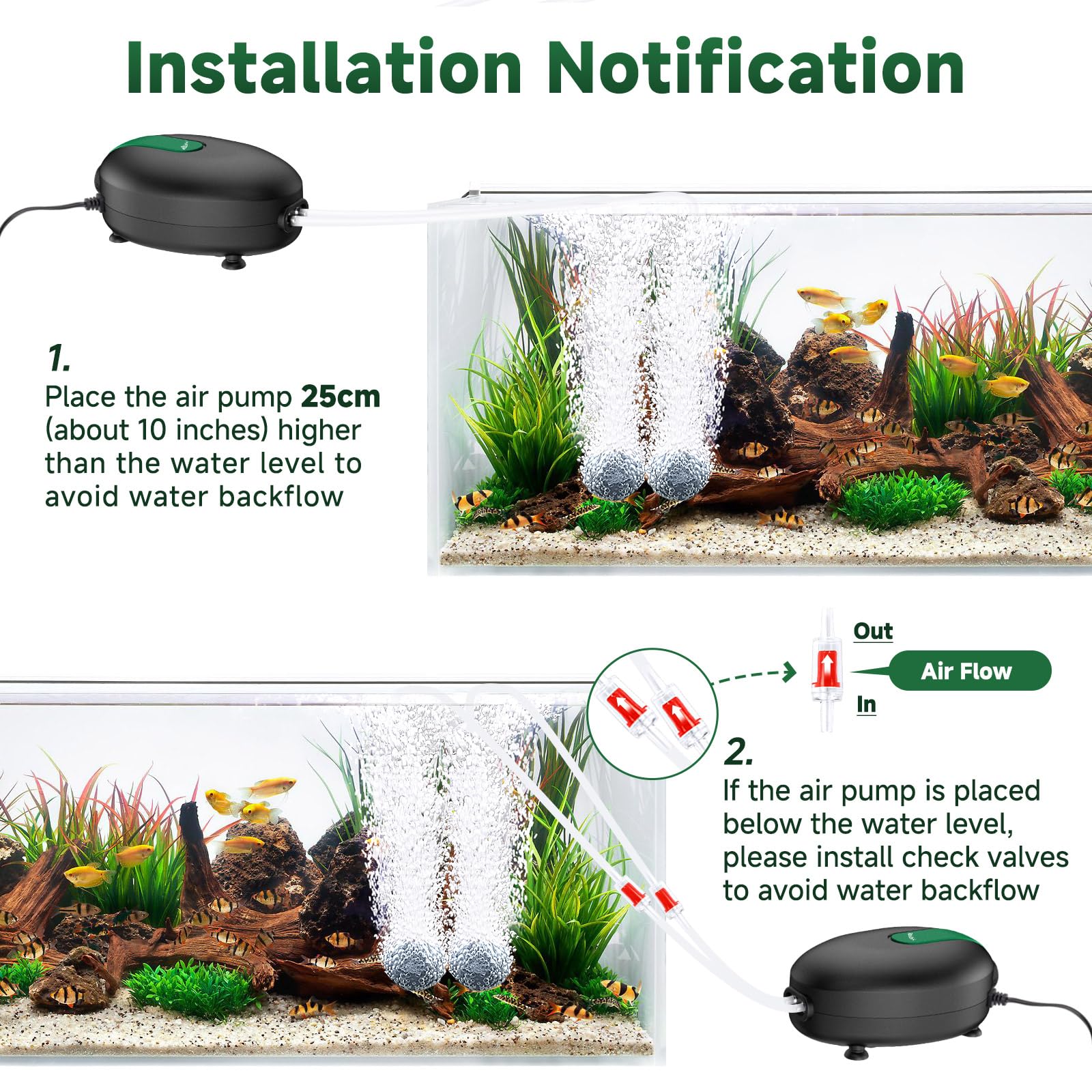 AQQA para acuario incluye accesorios y válvula de retención para instalación segura.