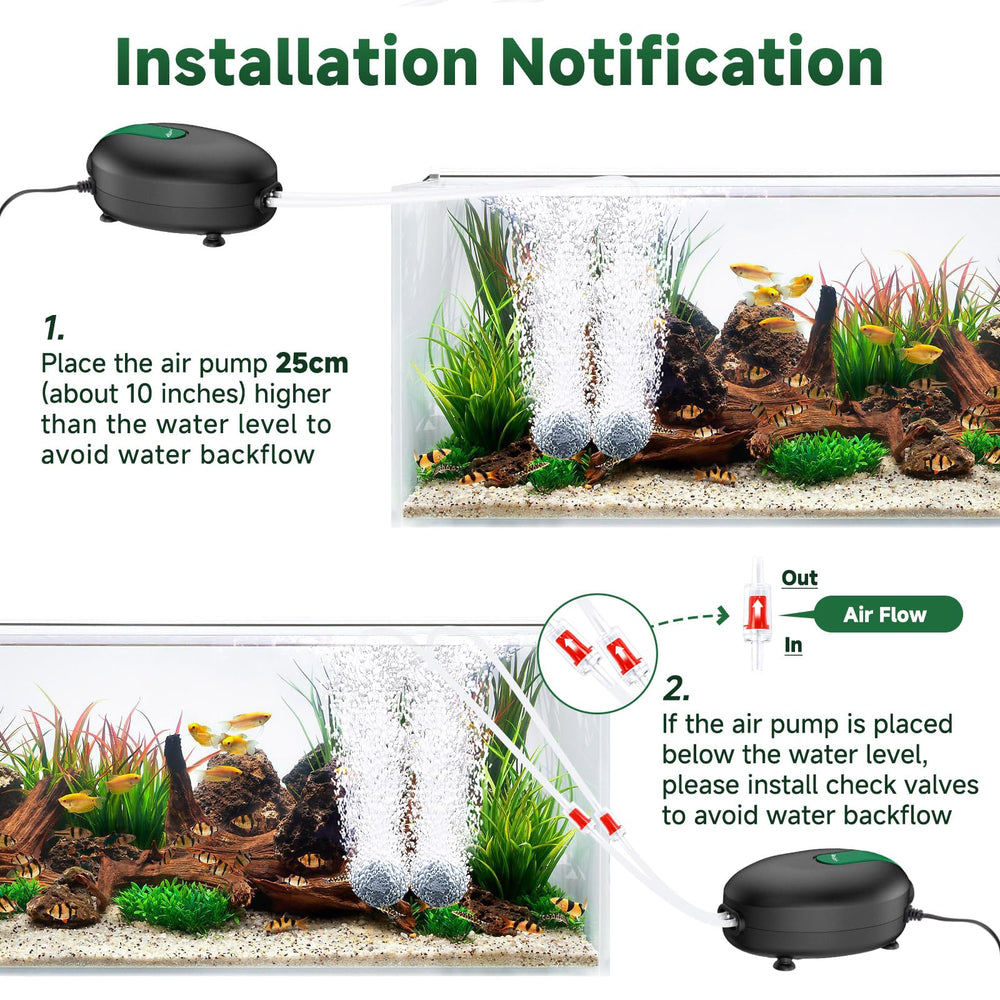 AQQA para acuario incluye accesorios y válvula de retención para instalación segura.