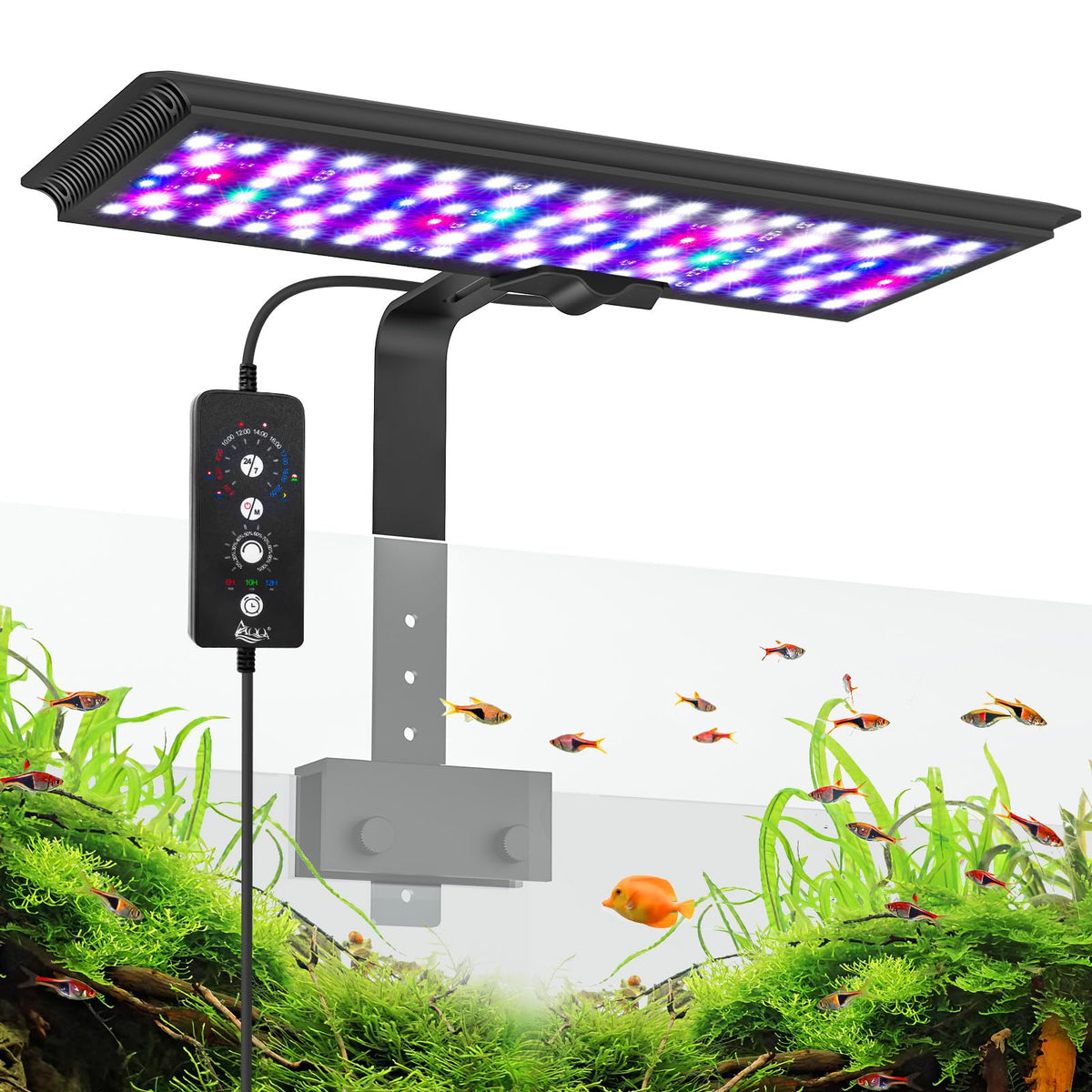 Luz AQQA con clip para acuario iluminando peces y plantas