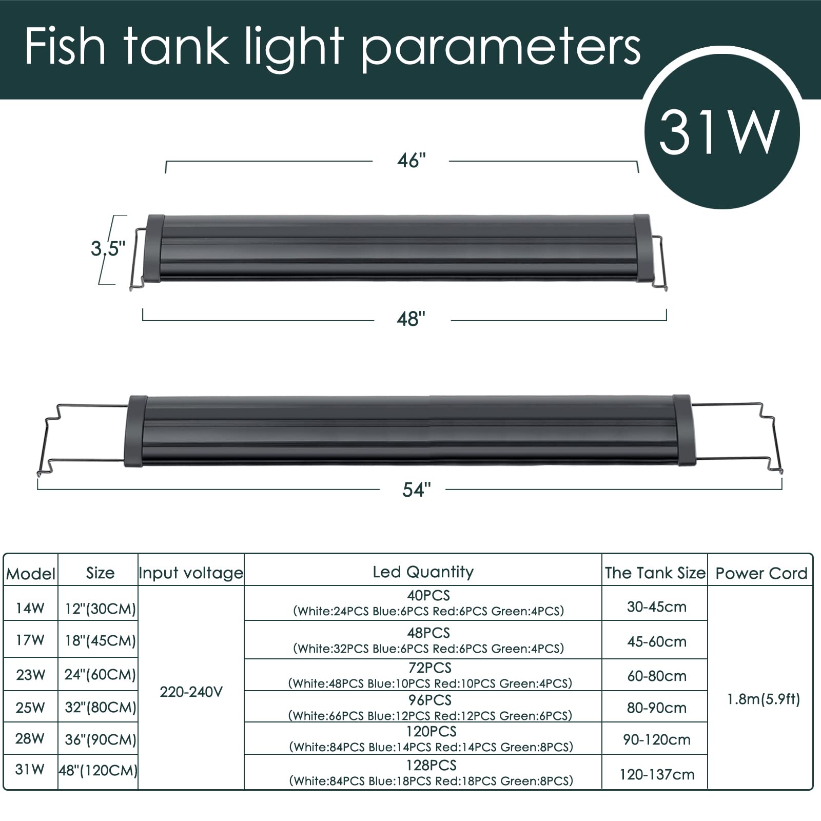 Luz para tanques largos de 48–54 pulgadas, ajuste práctico.