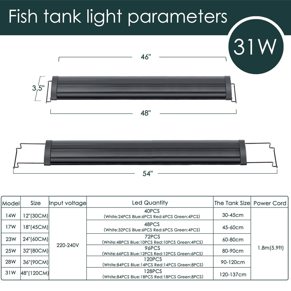 Luz para tanques largos de 48–54 pulgadas, ajuste práctico.