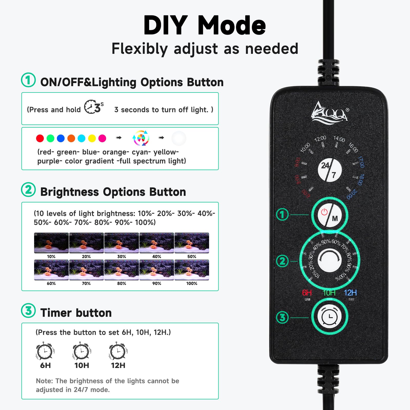 Luz AQQA para acuario con modo personalizable ofrece colores y brillo.