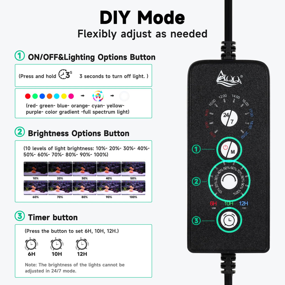 Luz AQQA para acuario con modo personalizable ofrece colores y brillo.