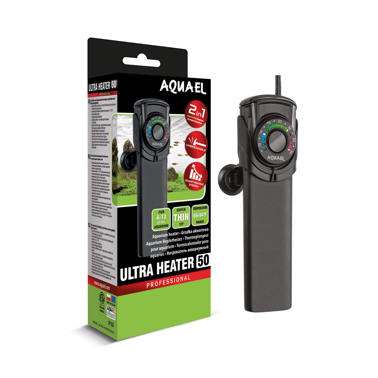 Aquael Ultra: calentador compacto para acuarios de 4 a 13 galones.