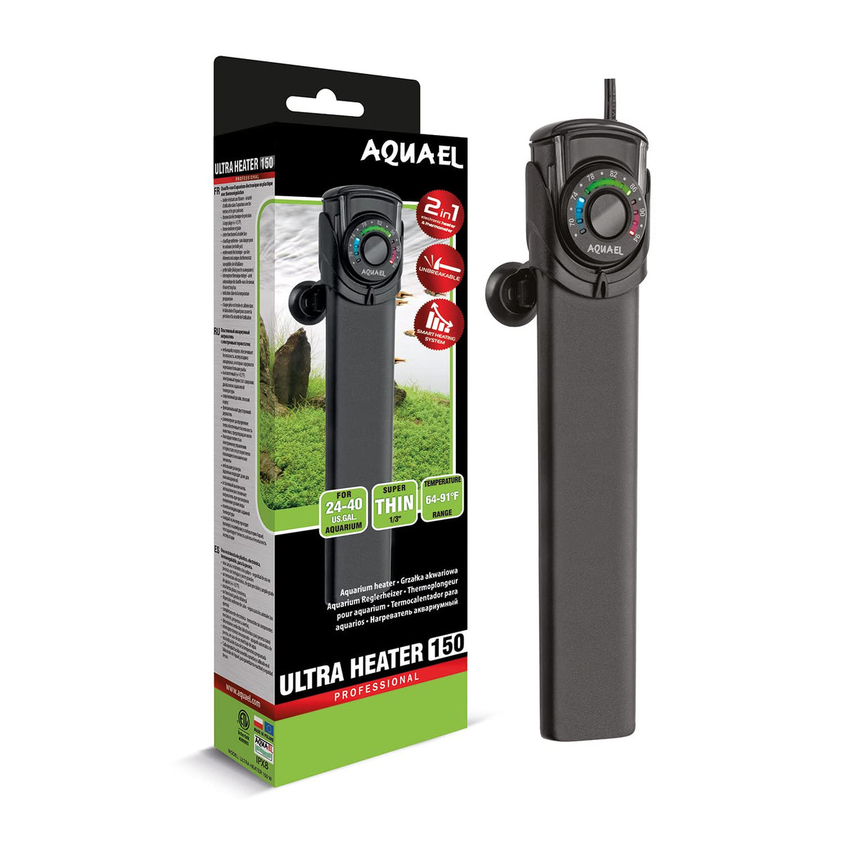 Aquael Ultra termostato para acuario 150W, control estable de temperatura.
