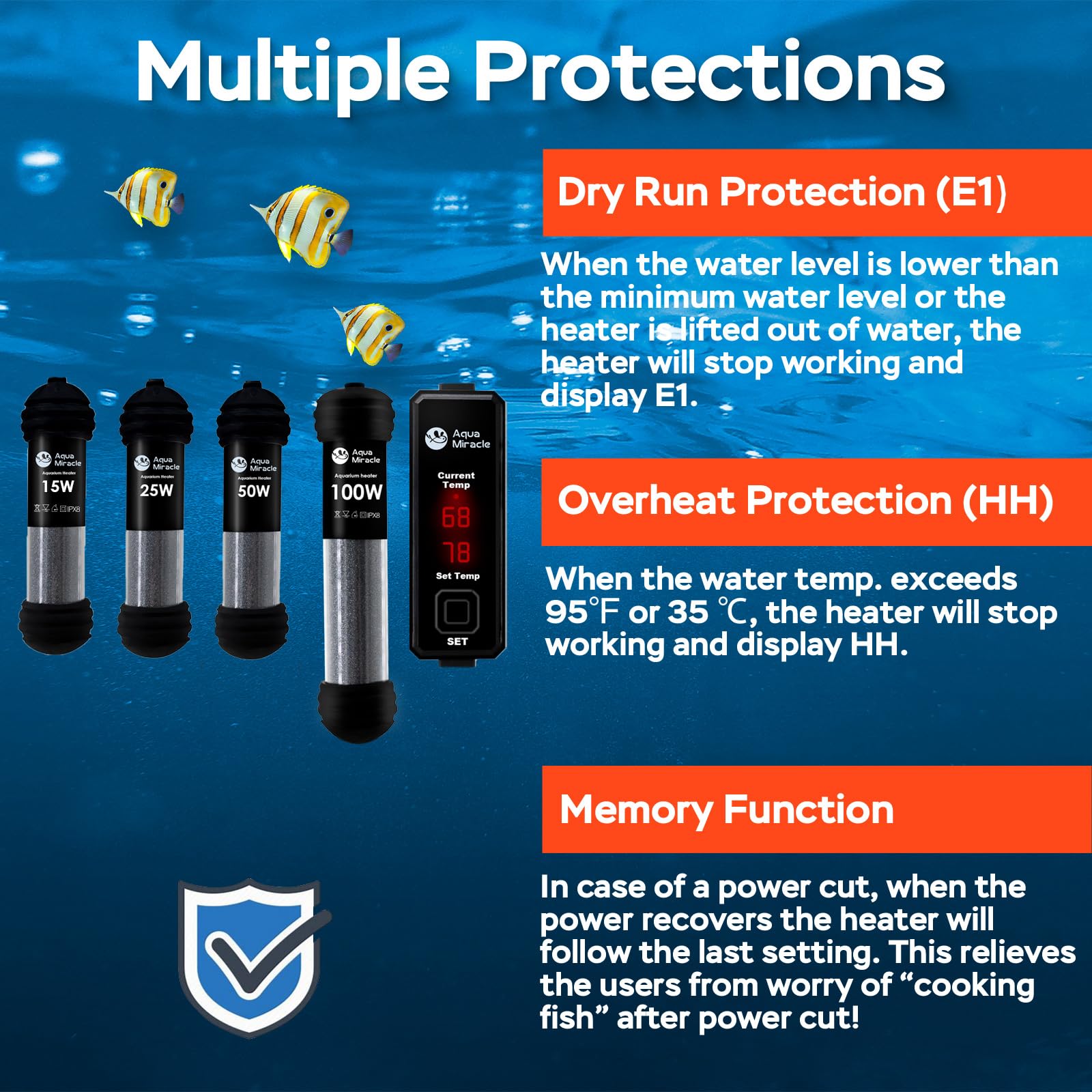 AquaMiracle 100W protección inteligente: apaga ante secado o sobrecalentamiento.