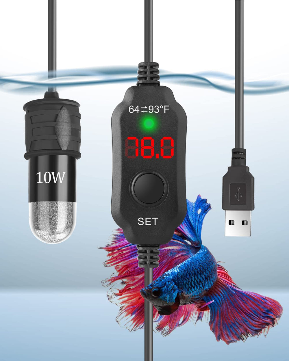 AquaMiracle calentador 10W ajustable en tanque nano, mantiene temperatura estable en acuarios pequeños.