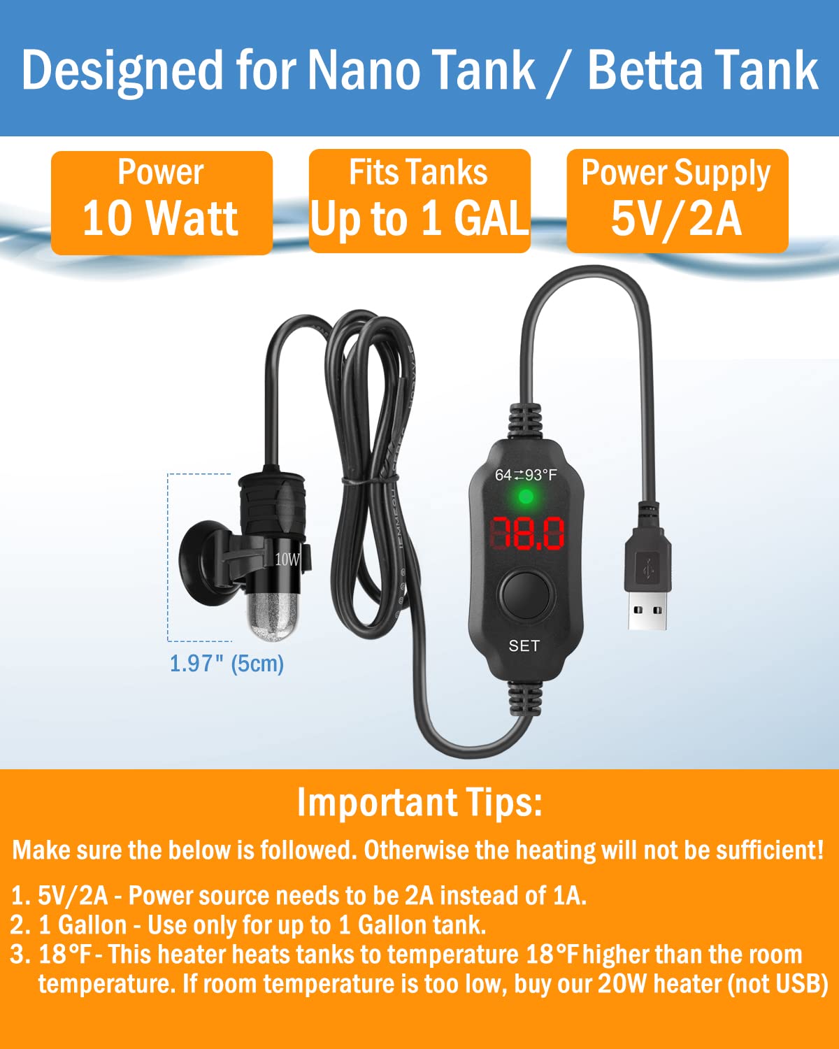 AquaMiracle calentador 10W con pantalla digital para control preciso de temperatura.