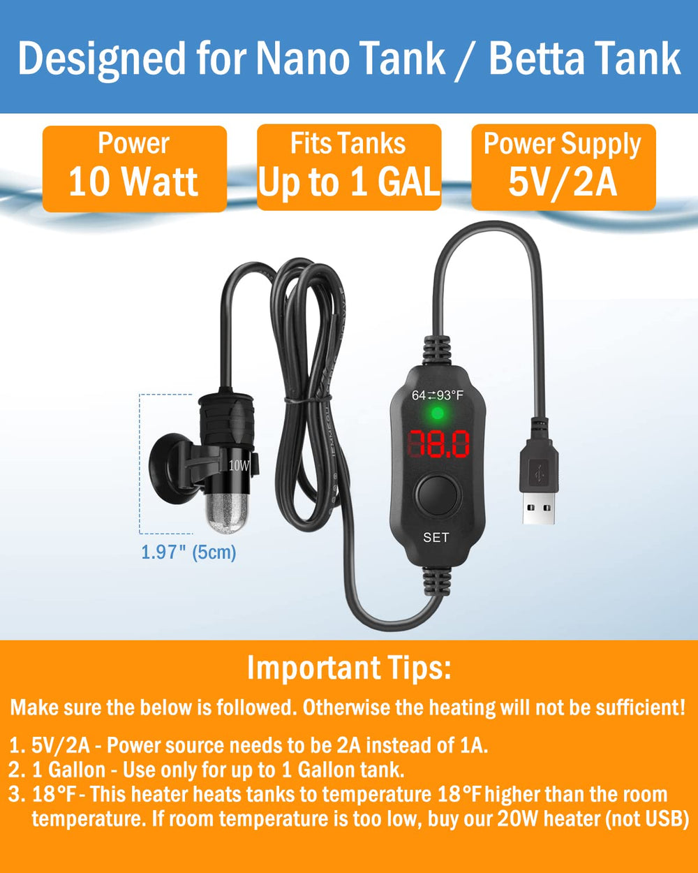 AquaMiracle calentador 10W con pantalla digital para control preciso de temperatura.