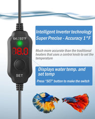 AquaMiracle calentador 10W con protección contra sobrecalentamiento para seguridad.