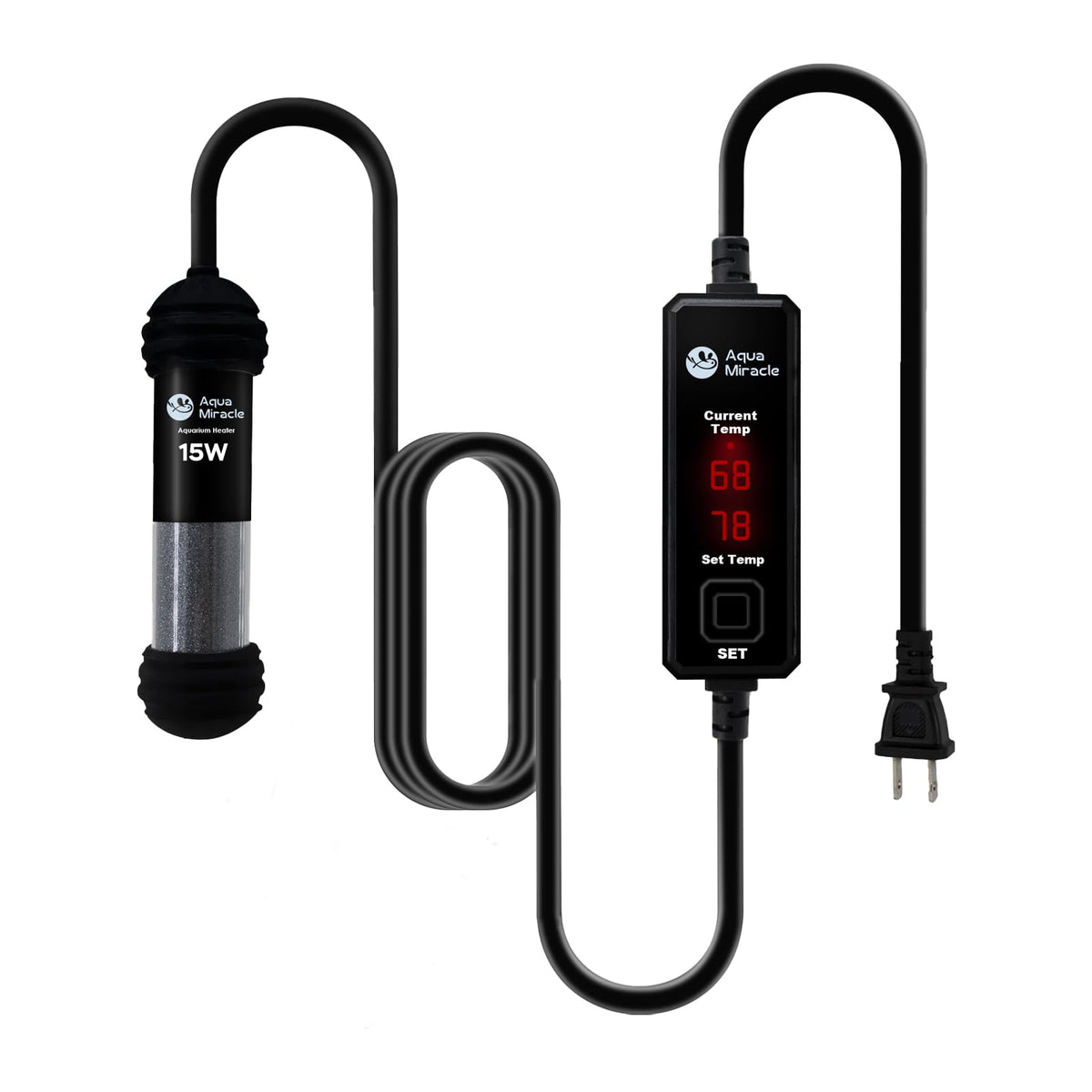 AquaMiracle calentador mini 15W con diseño compacto para ocultarlo en acuarios pequeños.