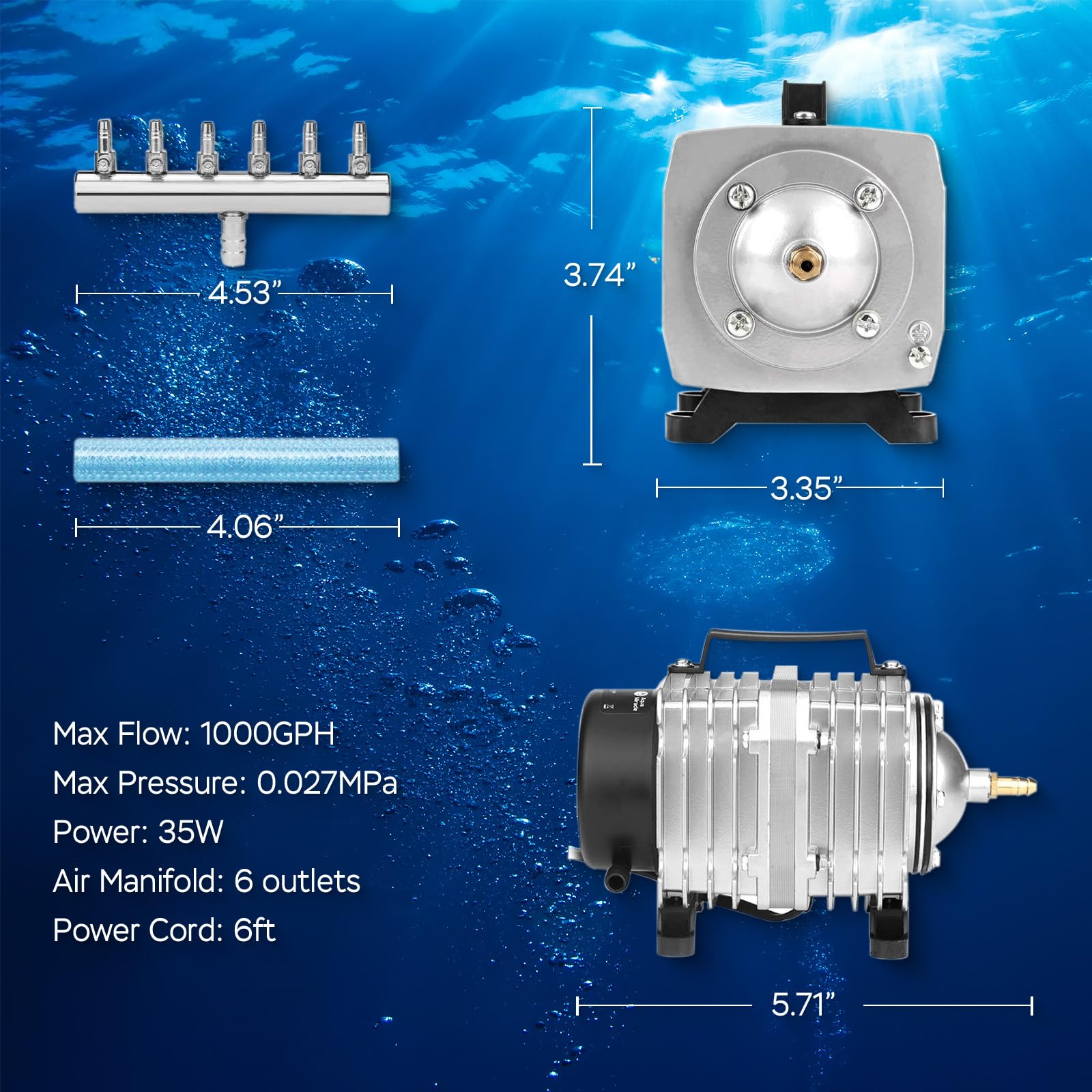 AquaMiracle bomba de aire con salidas ajustables para controlar la oxigenación.