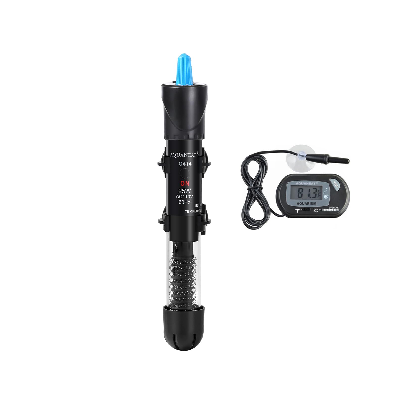 Calentador AQUANEAT de 25 vatios instalado en acuario, mantiene temperatura estable para peces.