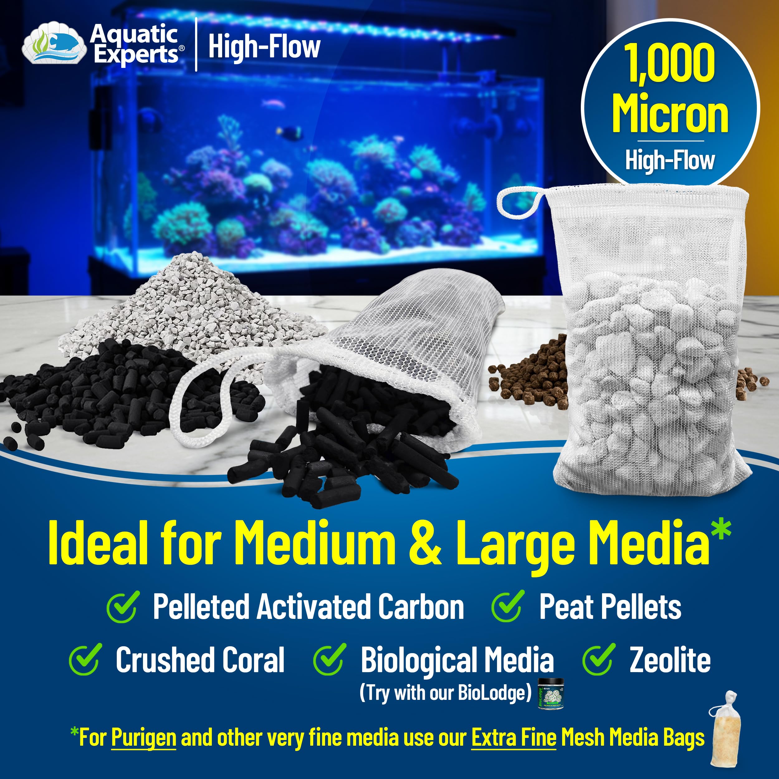 Bolsa filtrante duradera y reutilizable para medios filtrantes Aquatic Experts.