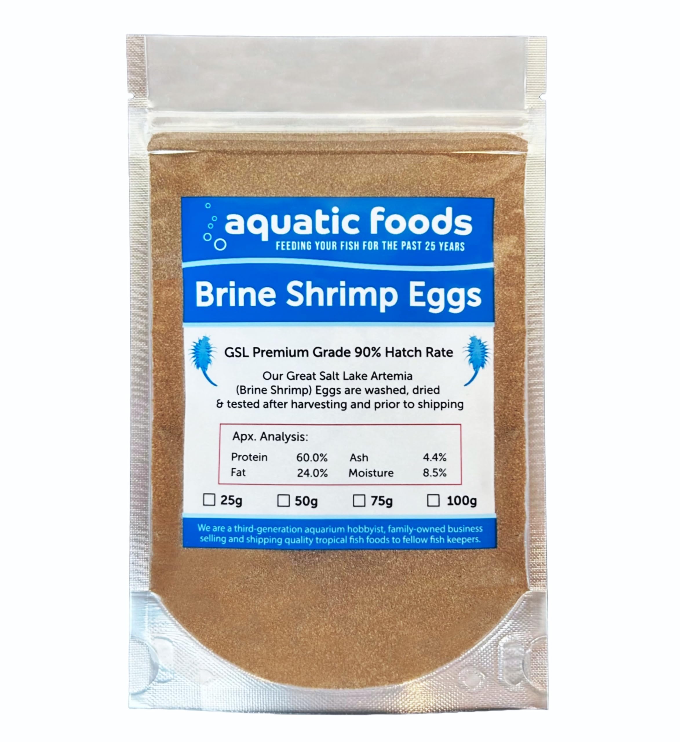 Aquatic Foods Inc. empaque premium de huevos de artemia para acuarios.