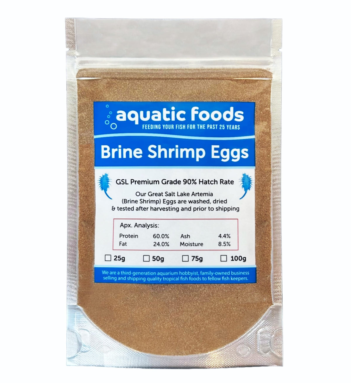 Aquatic Foods Inc. empaque premium de huevos de artemia para acuarios.