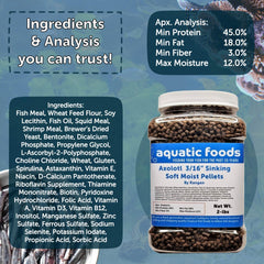 Uso multi especie de Aquatic Foods Inc, apto para axolotes, camarones y peces de fondo.