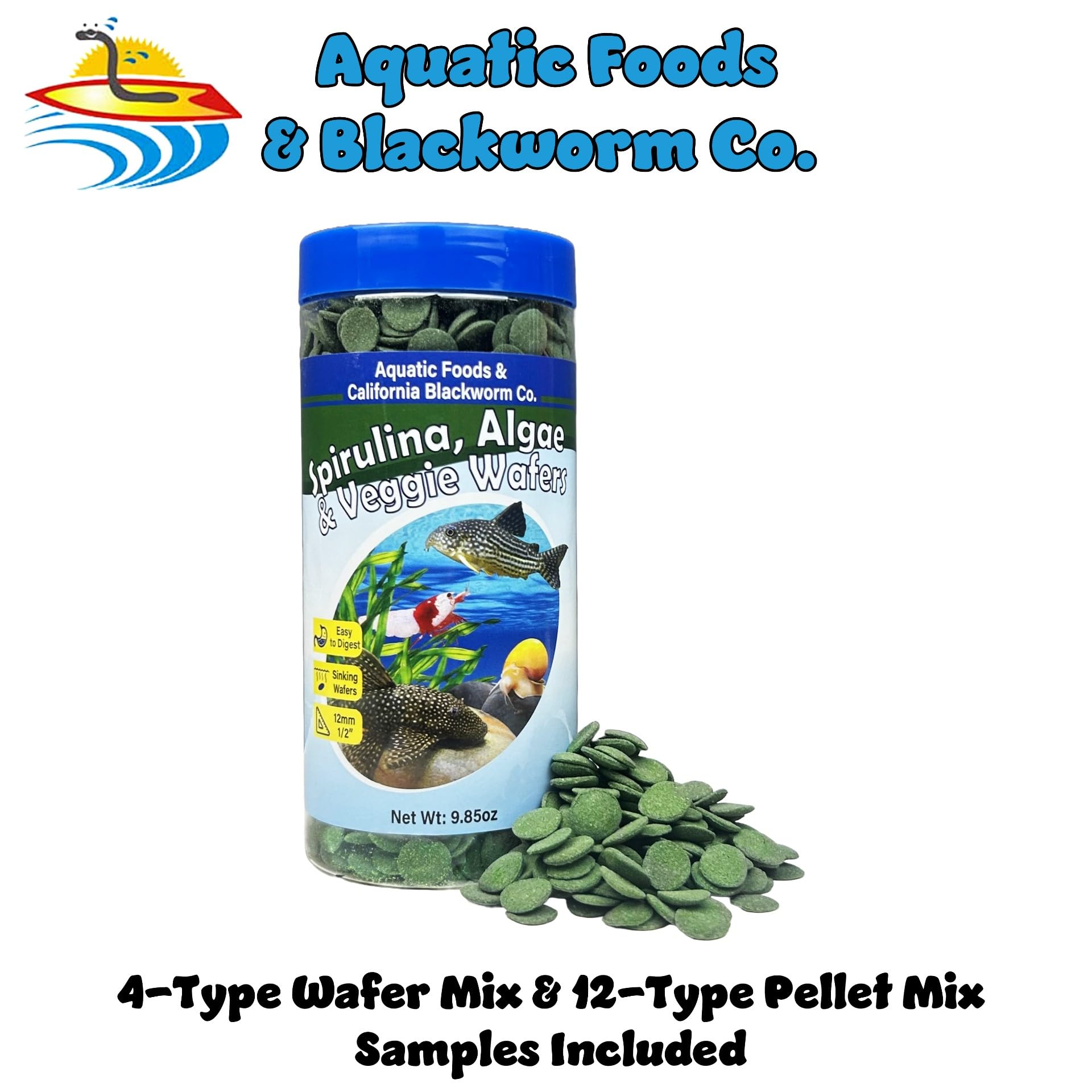 Wafers de Aquatic Foods Inc. con espirulina, algas y vegetales para alimentación variada.