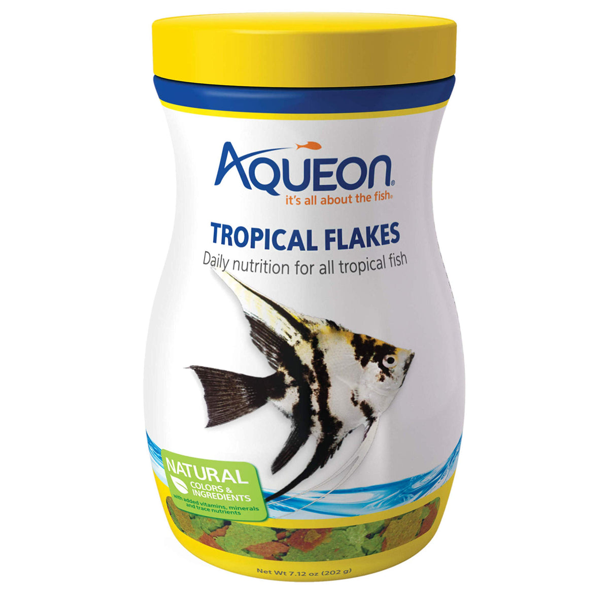 Envase de Aqueon Alimentos para Peces Tropicales en Copos para uso diario.