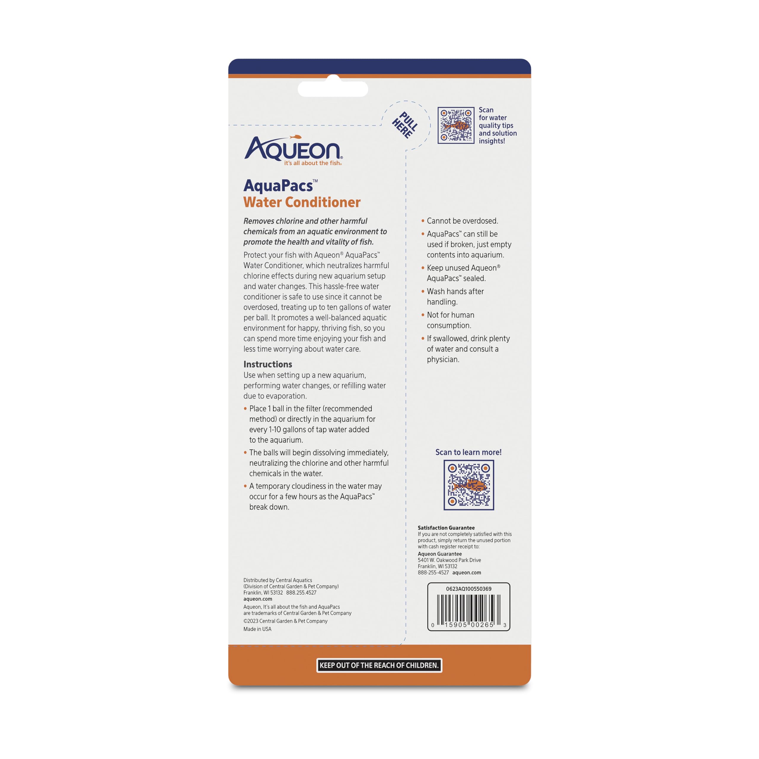 Aqueon AquaPacs peces felices agua tratada para acuario saludable.