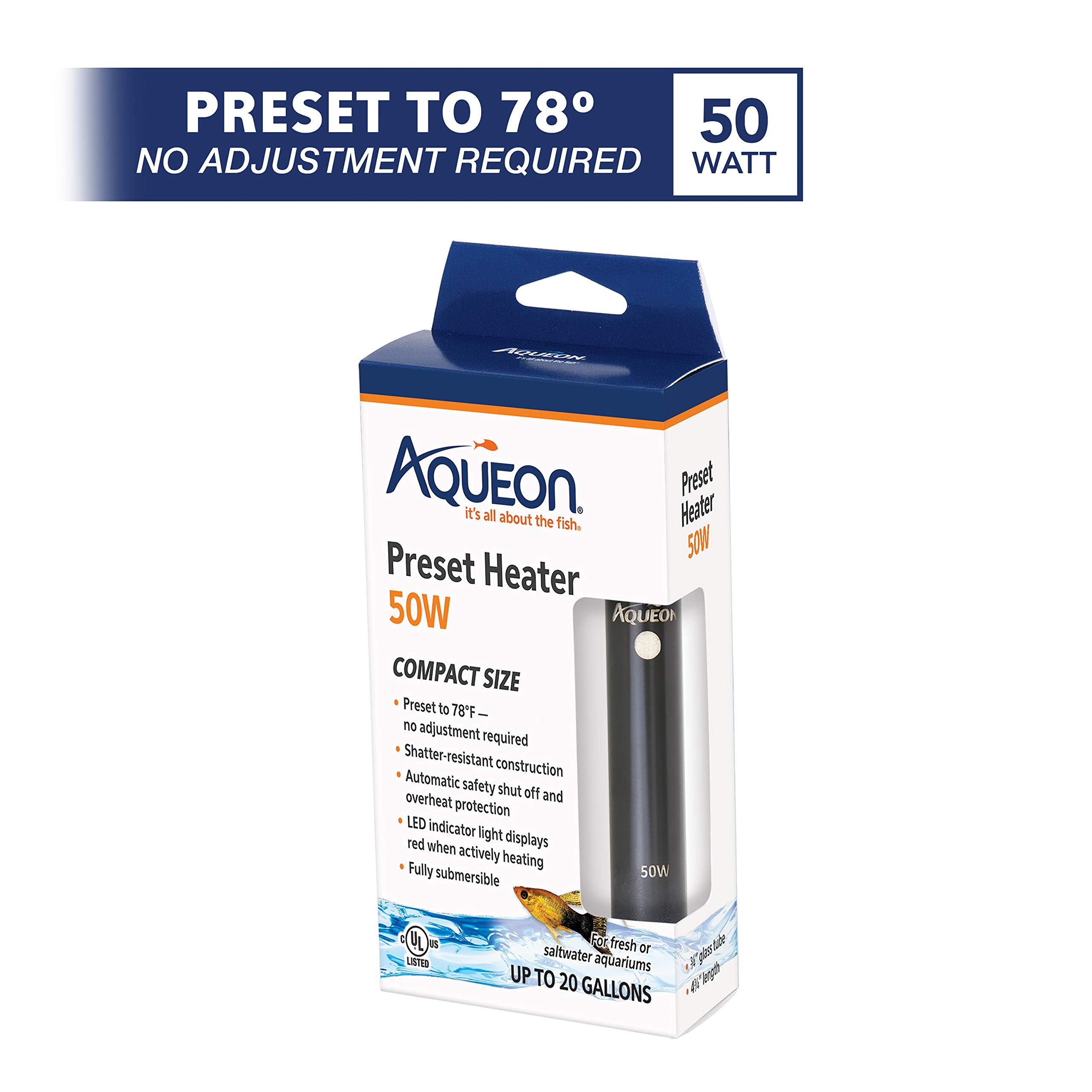 Aqueon calentador 50W sumergible para acuarios de hasta 20 galones.