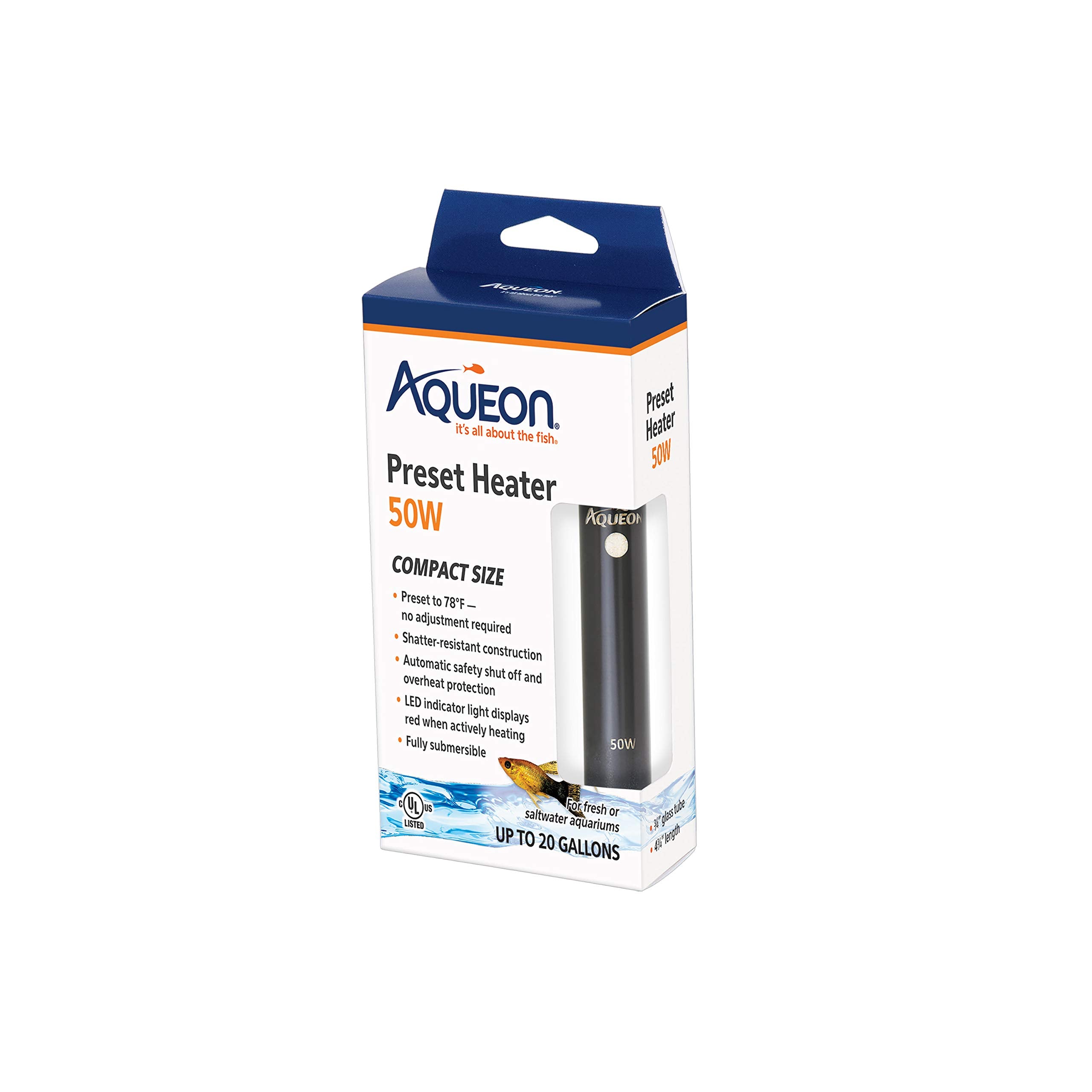 Aqueon calentador preset 78°, temperatura estable para peces tropicales.