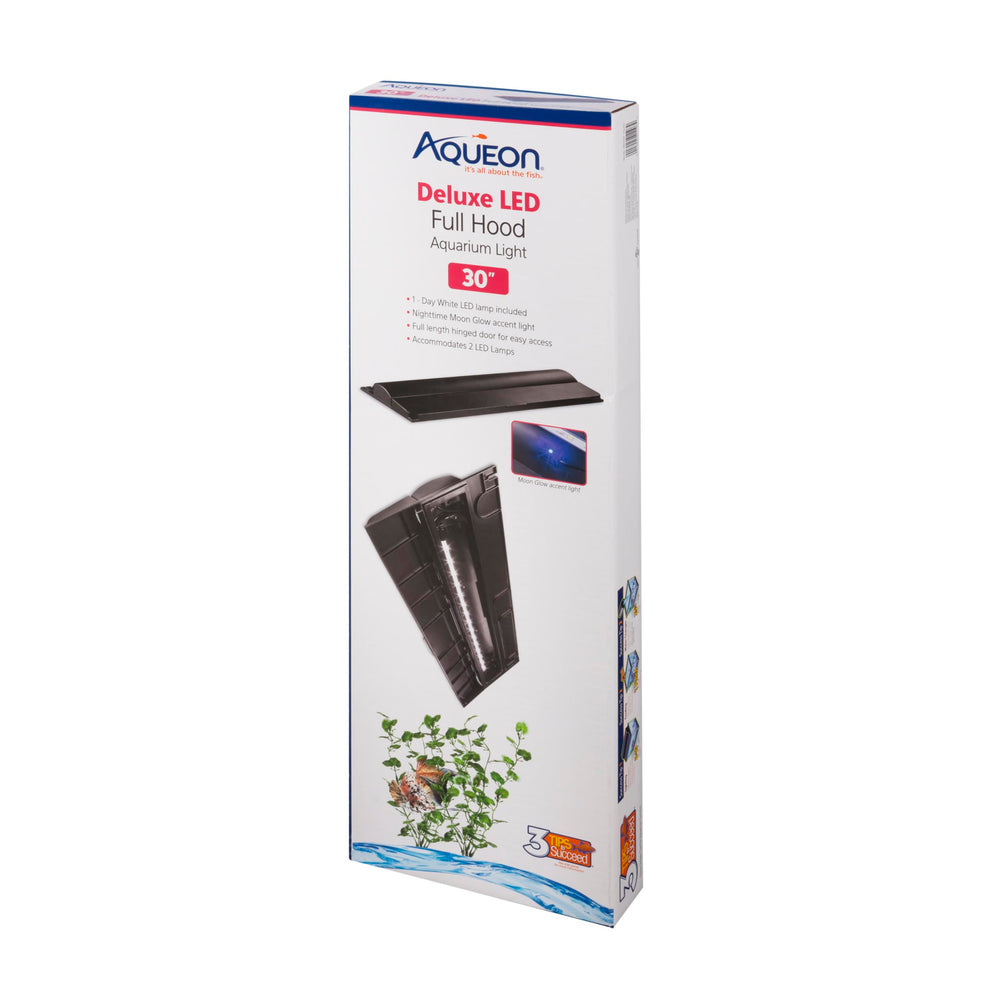 Aqueon LED Deluxe, tapa frontal negra de 30 pulgadas, reduce evaporación y mejora la estética.