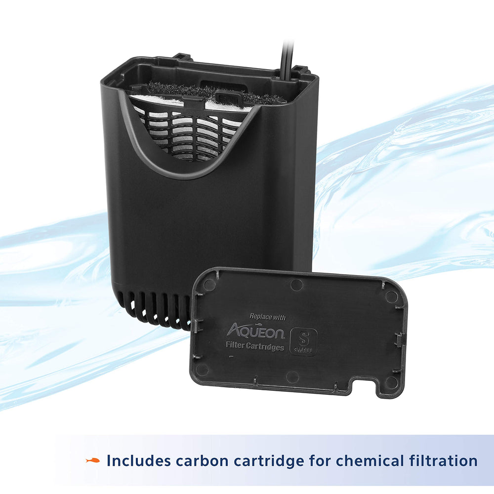 Aqueon QuietFlow 10e clip-colgante para uso en acuarios sin marco.
