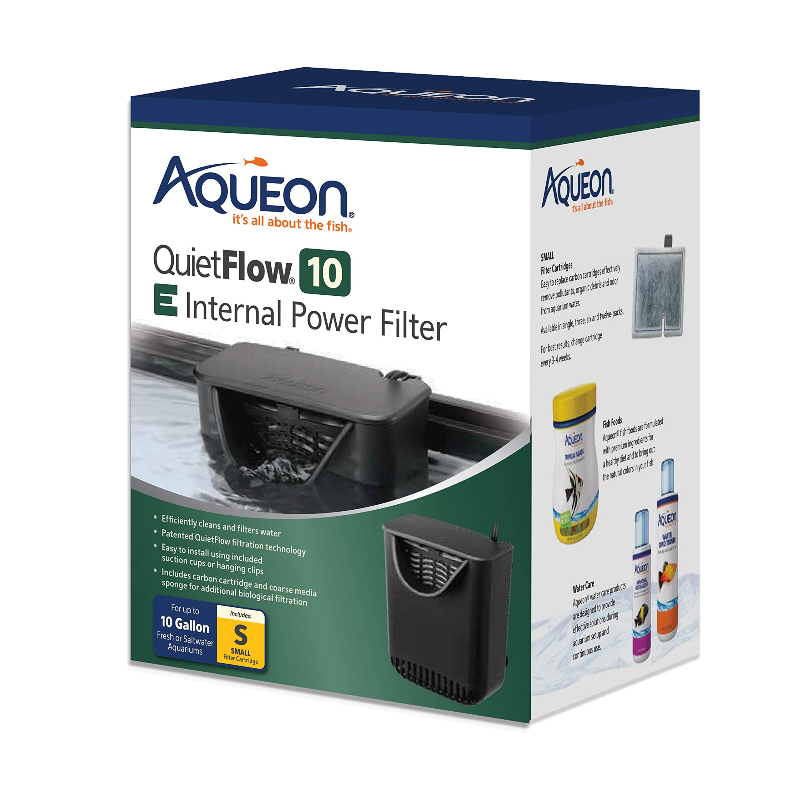 Filtro interior Aqueon QuietFlow 10e para acuarios pequeños, compacto y eficiente.