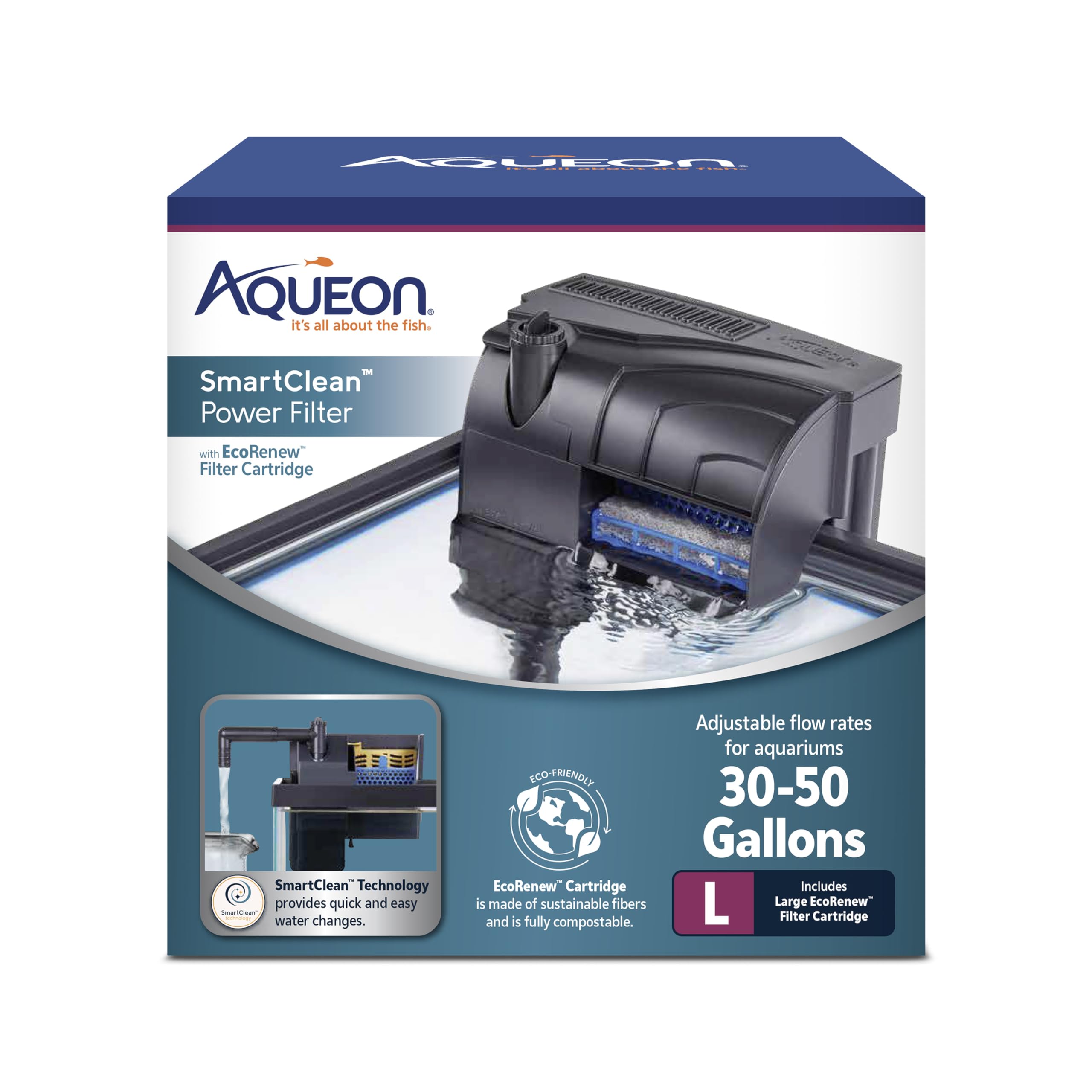 Aqueon SmartClean filtro silencioso para acuario, operación tranquila.