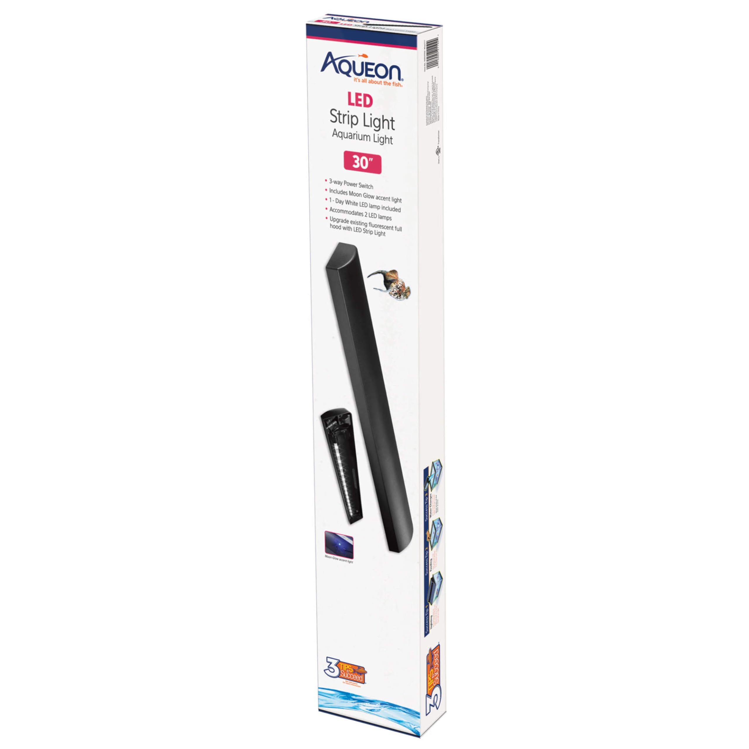 Aqueon tira LED en uso bajo tapa de vidrio para acuario.